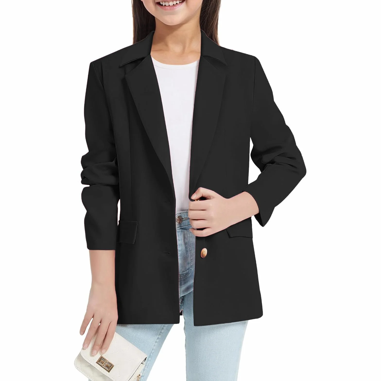 Generisch Blazer Mädchen Elegant Einfarbig Anzugjacke Kinder Freizeitjacke Langarm Trenchcoat mit Seitentasche und Taschen Reverskragen Anzugjacke Offene Front Arbeitsanzug Formale Anzug