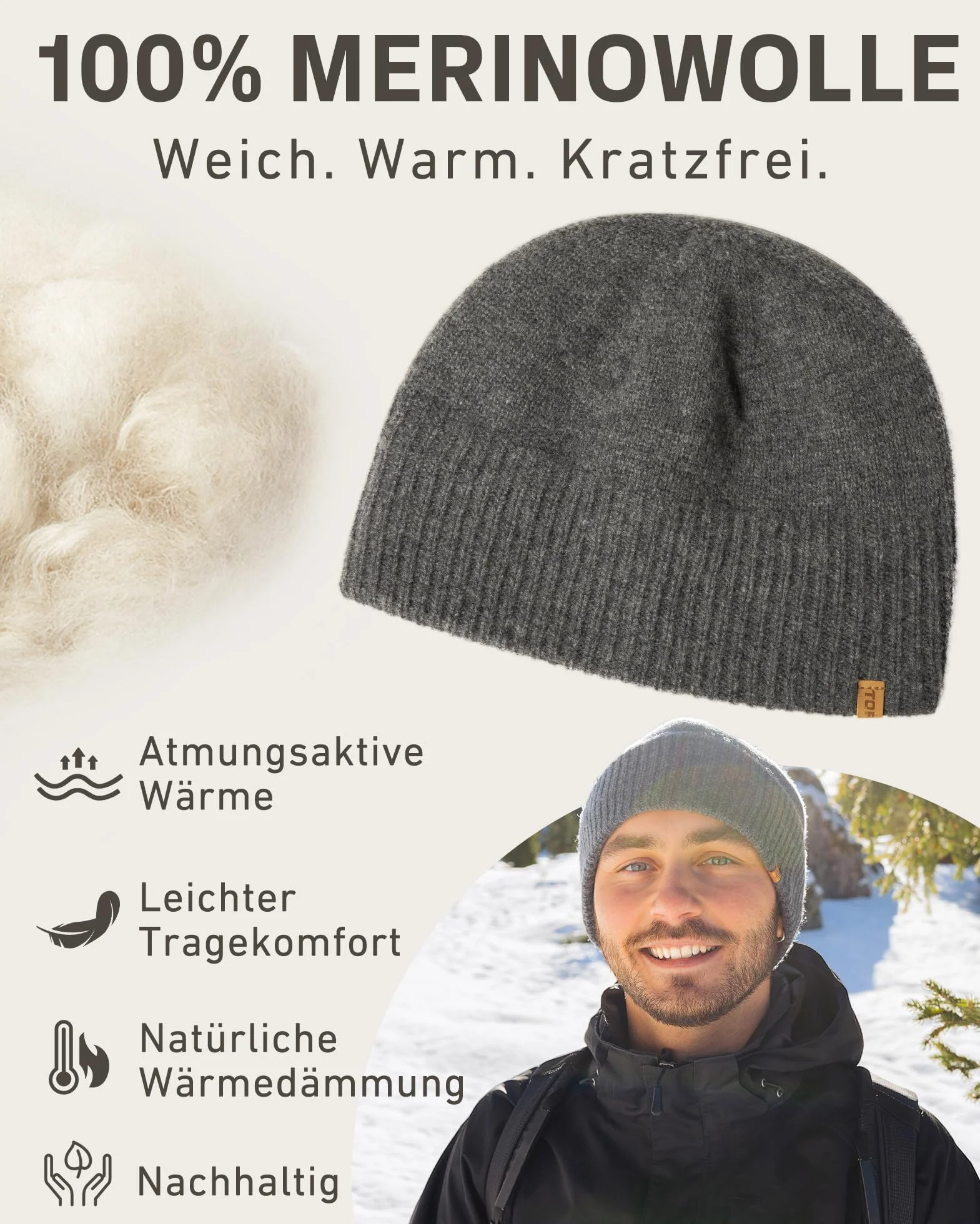 TOP-EX XL/XXL 100% Merinowolle Beanie Mütze, Wintermuetze Wollmütze Herren Damen, Strickmuetze Fisherman Beanie Trawler Mütze Warme Fleece Futter