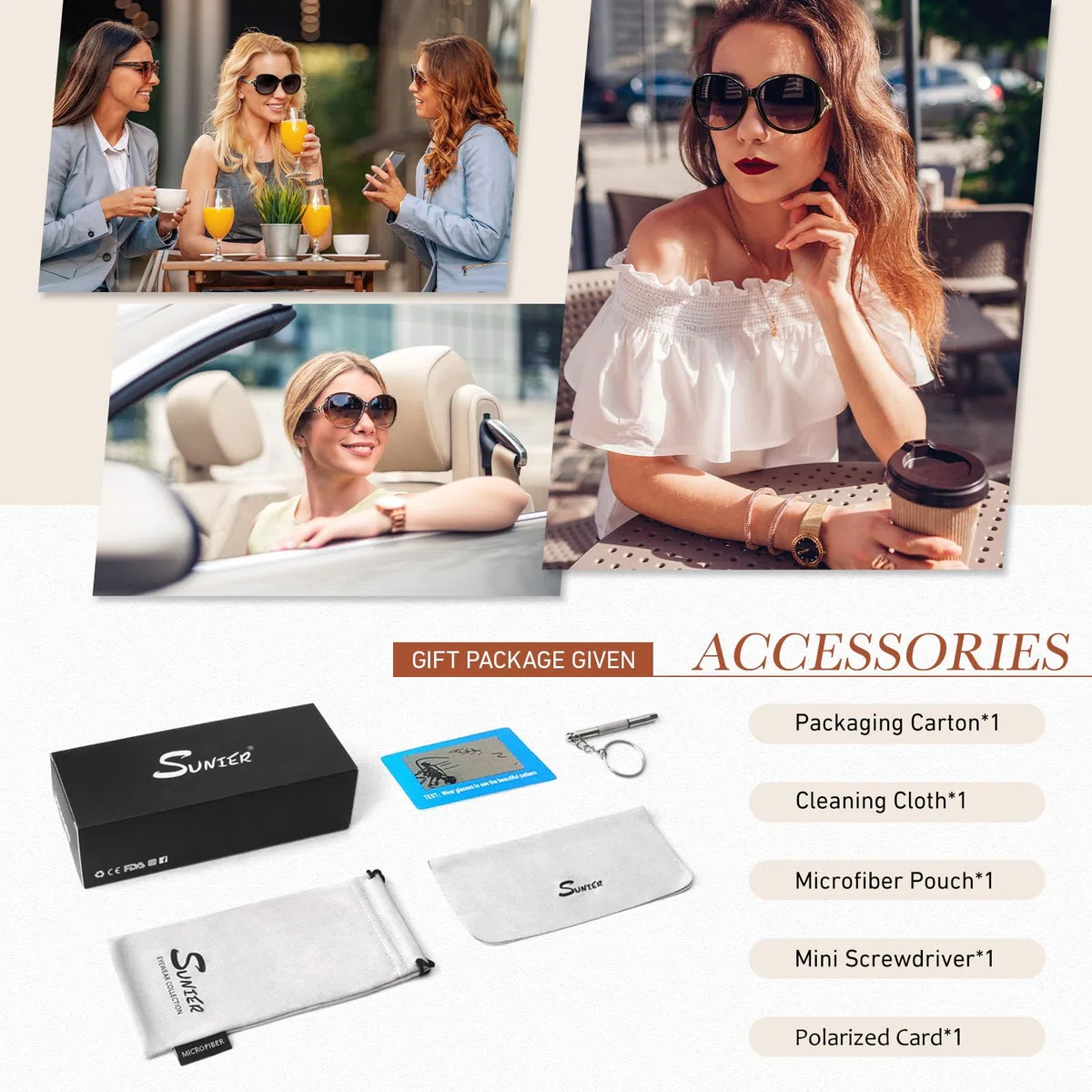 Sunier Sonnenbrille Damen Polarisiert Groß Übergroße Elegant Klassische Vintage Oversize Sonnenbrille Frauen mit 100% UV400 Schutz