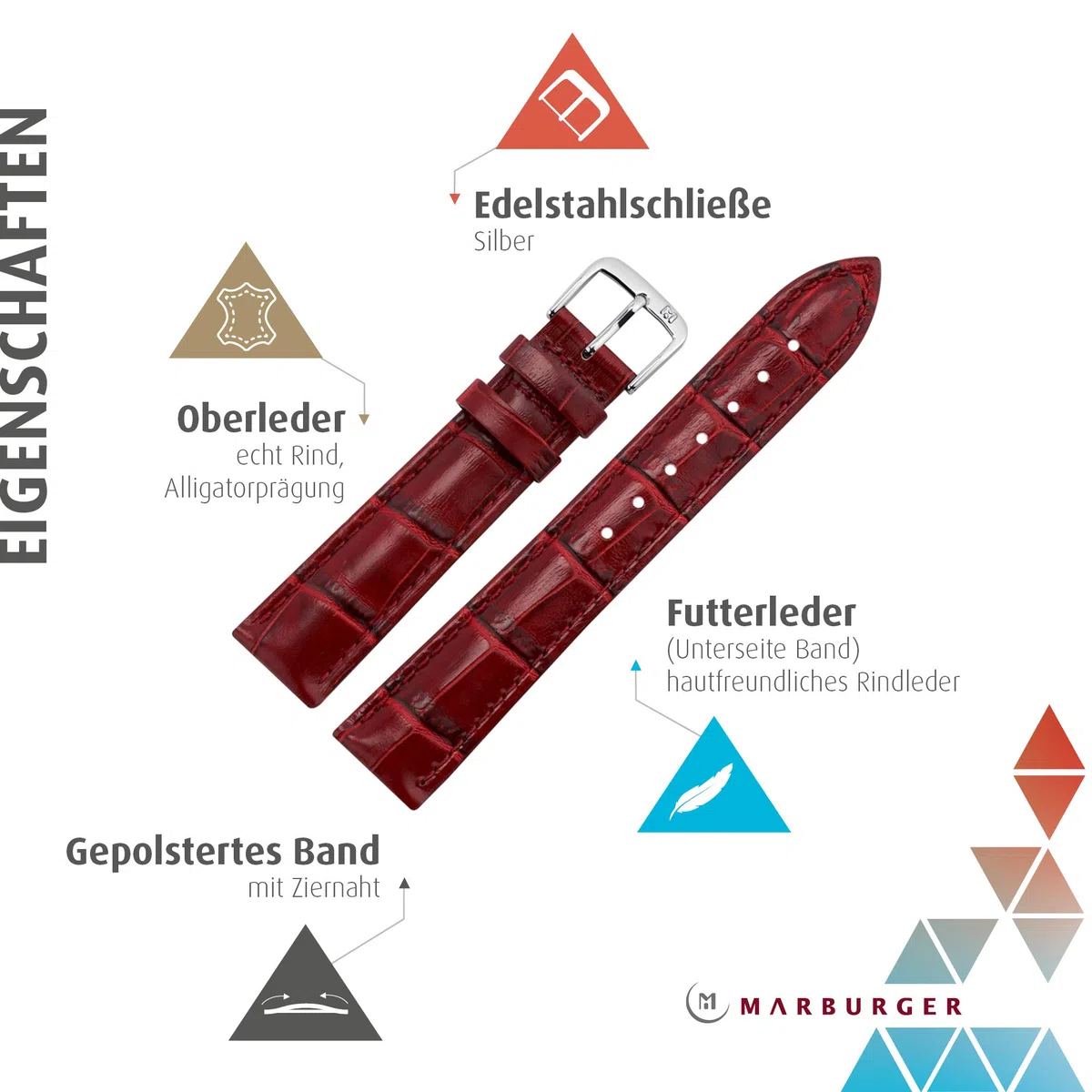 MARBURGER Uhrenarmband 14mm Damen Leder Alligator Prägung - Werkzeug Montage Set 14314