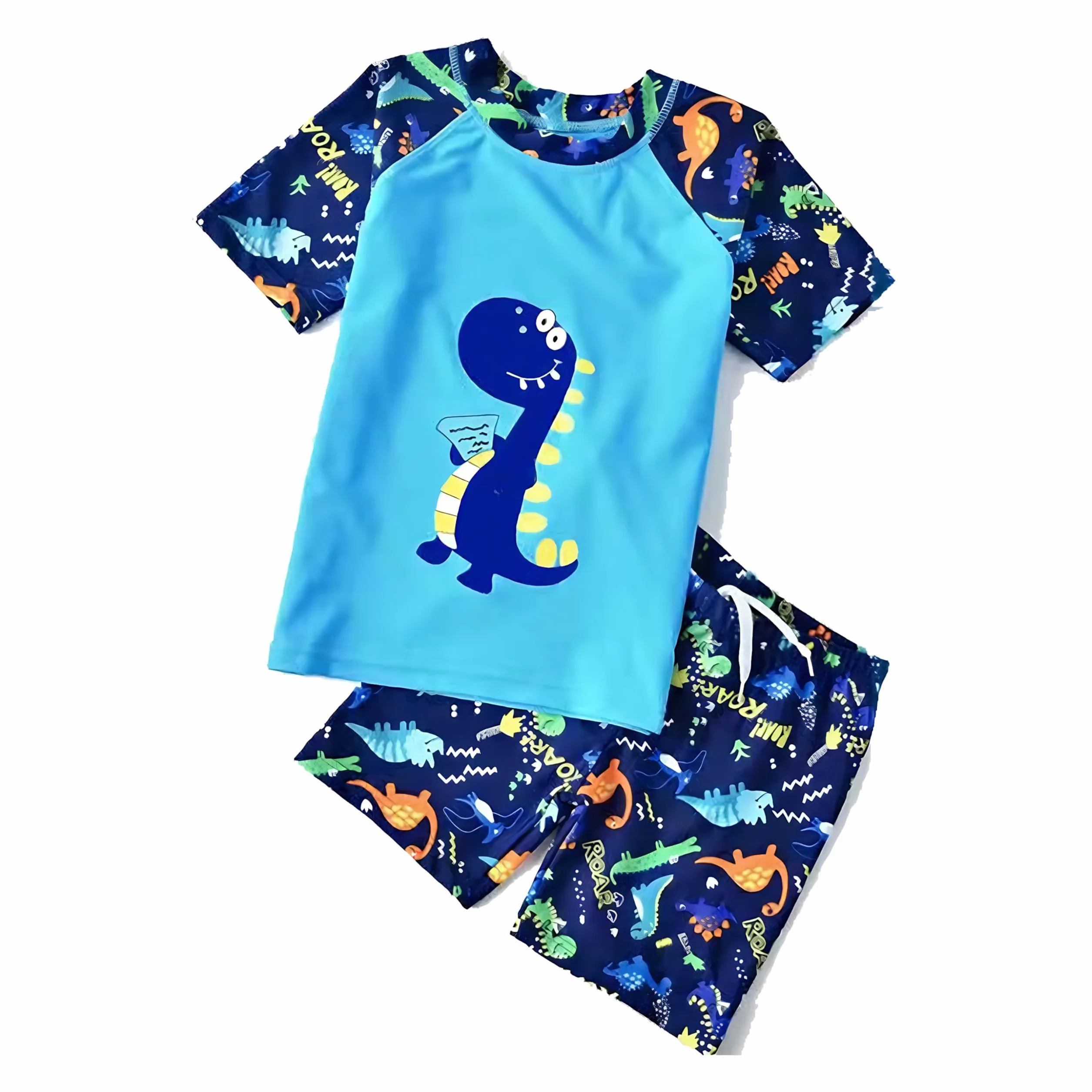 Jungen-Badeanzug, Zweiteiliger Badeanzug für Kinder, Rashguard, T-Shirt, Badeshort-Set, Dinosaurier-Bademode