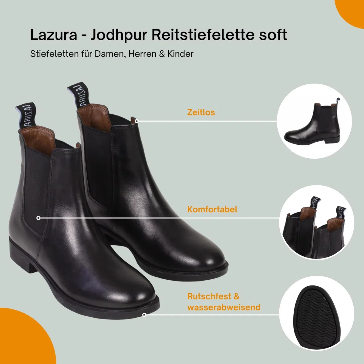 Lazura - Jodhpur Reitstiefelette Basic Plus | Kinder, Herren & Damen Stiefeletten mit Elastikeinsatz & Pull-On | schwarze Chelsea Boots aus Leder | Reitschuhe in Größe 28-46