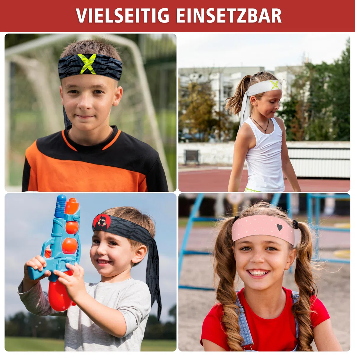 Kinder Sport Haarband, Bandana, Stirnband, für Kinder, Jungen und Mädchen (NeonX Weiß/Schwarz Doppelpack, Kinder)
