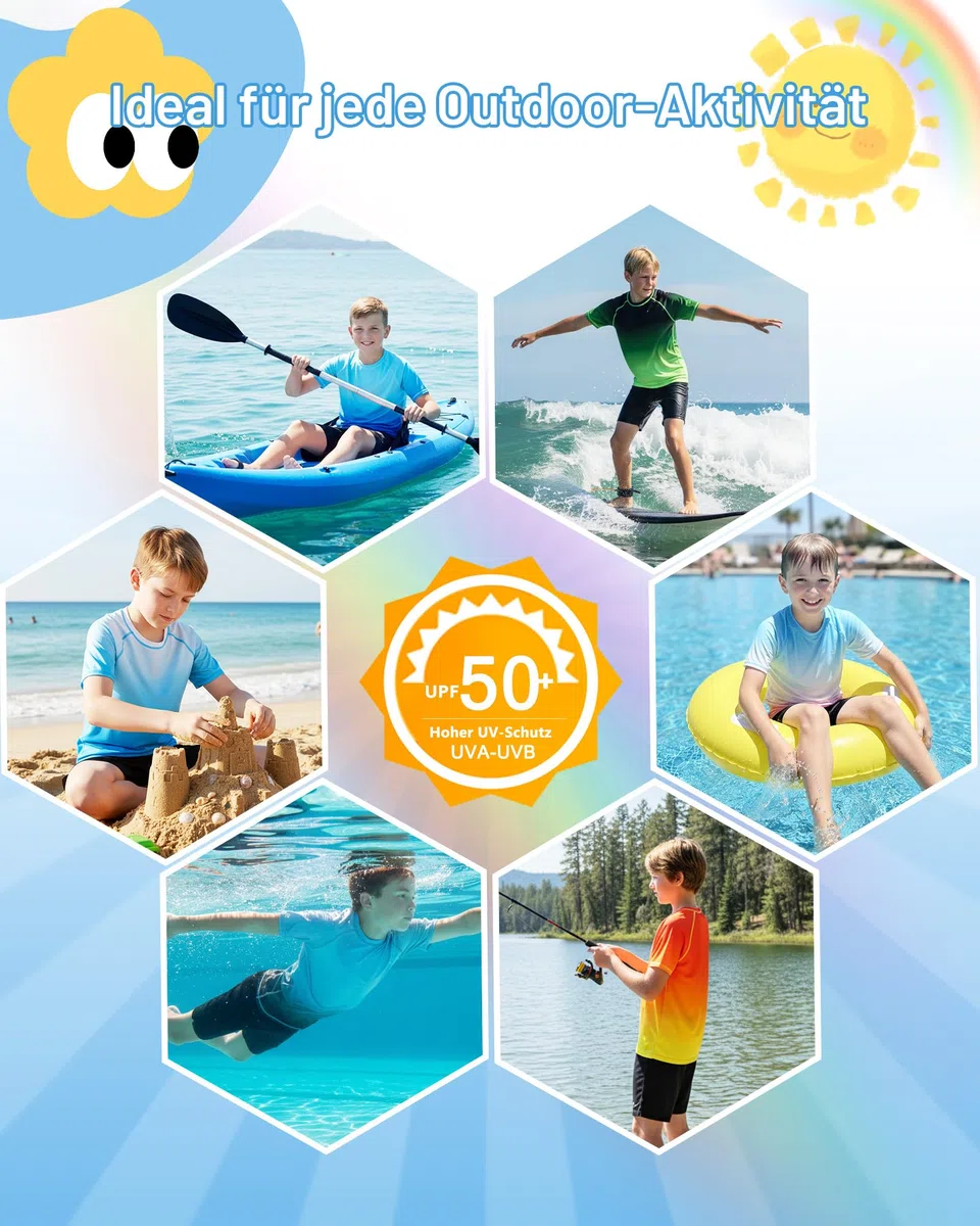 Runhit UPF 50+ UV Shirt Kinder Kurzarm, Atmungsaktives Badeshirt Schwimmshirt mit Rundhals, Schnelltrocknendes Rashguard Top für Strand Wassersport Outdoor