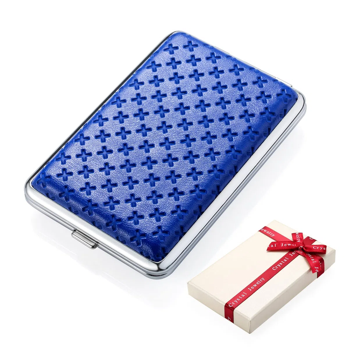 Herren Zigarettenetui aus PU-Leder, 4 Farben (Schwarz, Blau) für 14 Zigaretten, aus Metall mit Geschenkbox (Blau)