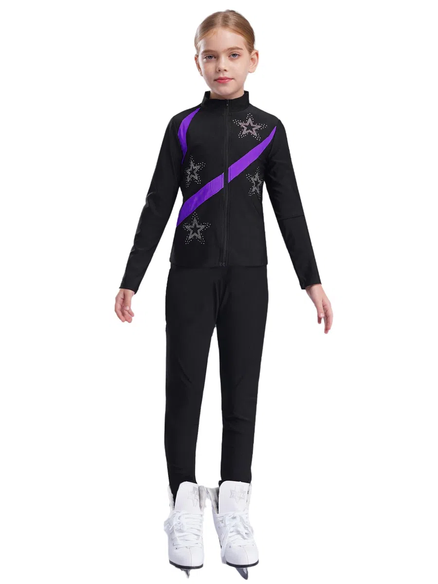 Mädchen Sport Set Eiskunstlauf Anzug Glitzer Jacke + Eislaufhose Leggings Trainingsanzug Sportanzug Tanzanzug