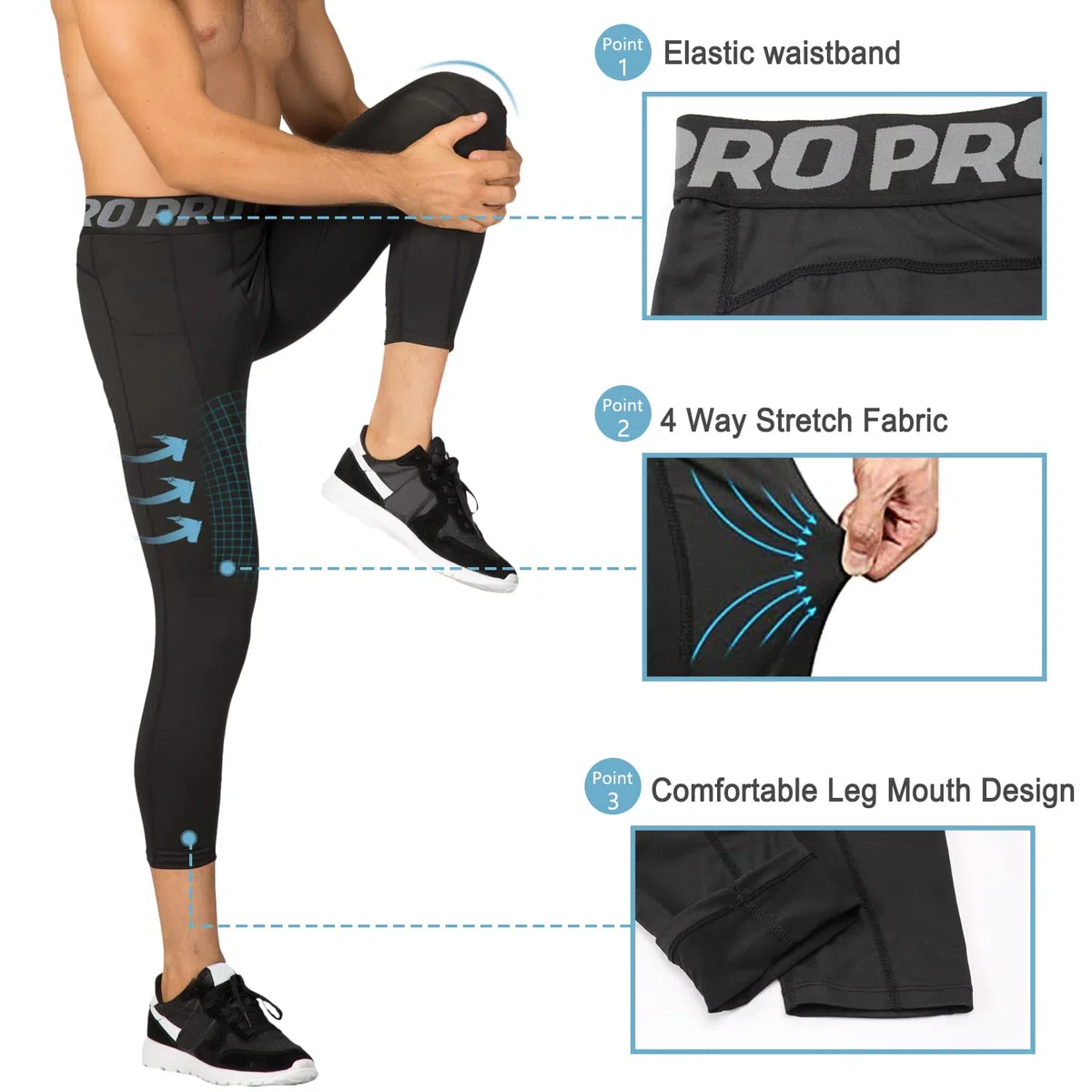 2er-Pack Kompressionshose Herren 3/4 Sport Legging Schnelltrocknende Lauftights mit Taschen Atmungsaktiv Kompression Hose für Fitness Gym Joggen Training Basketball