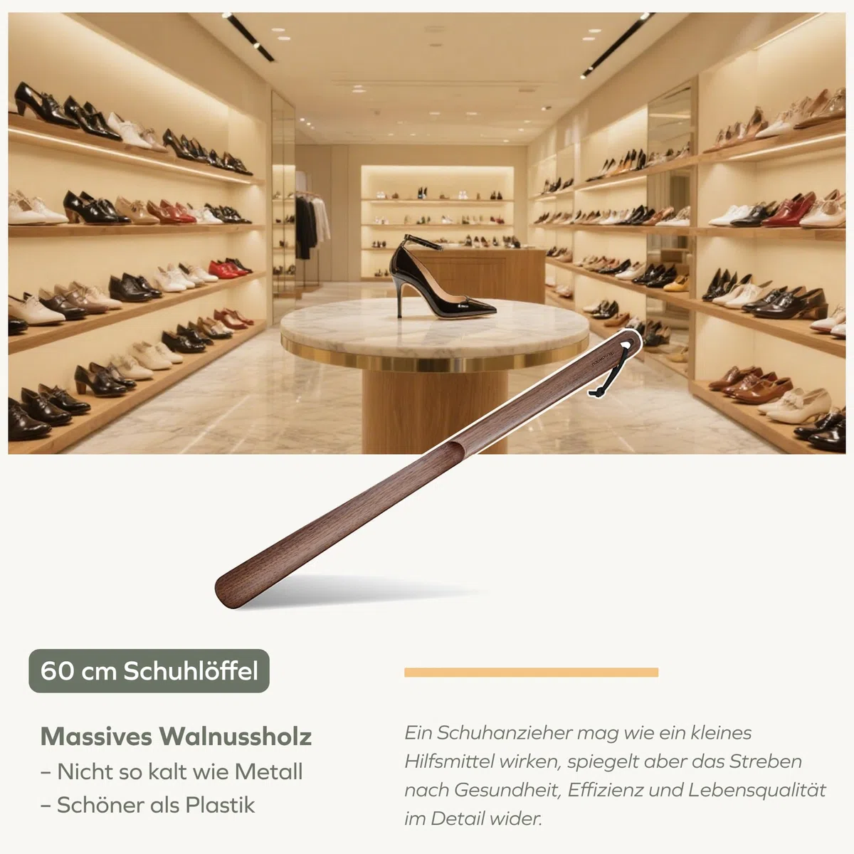 muso wood Schuhlöffel lang 60cm aus Holz, Echtem Walnussholz Stabiler Schuhanzieher lang für Senioren, Schwangere
