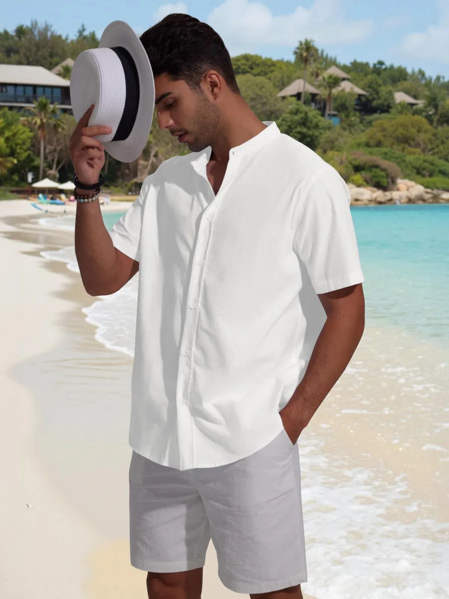 Friptspyg Leinenhemd Herren Kurzarm Baumwolle Leinen Hemd Freizeit Sommerhemd Button-Down Strandhemd