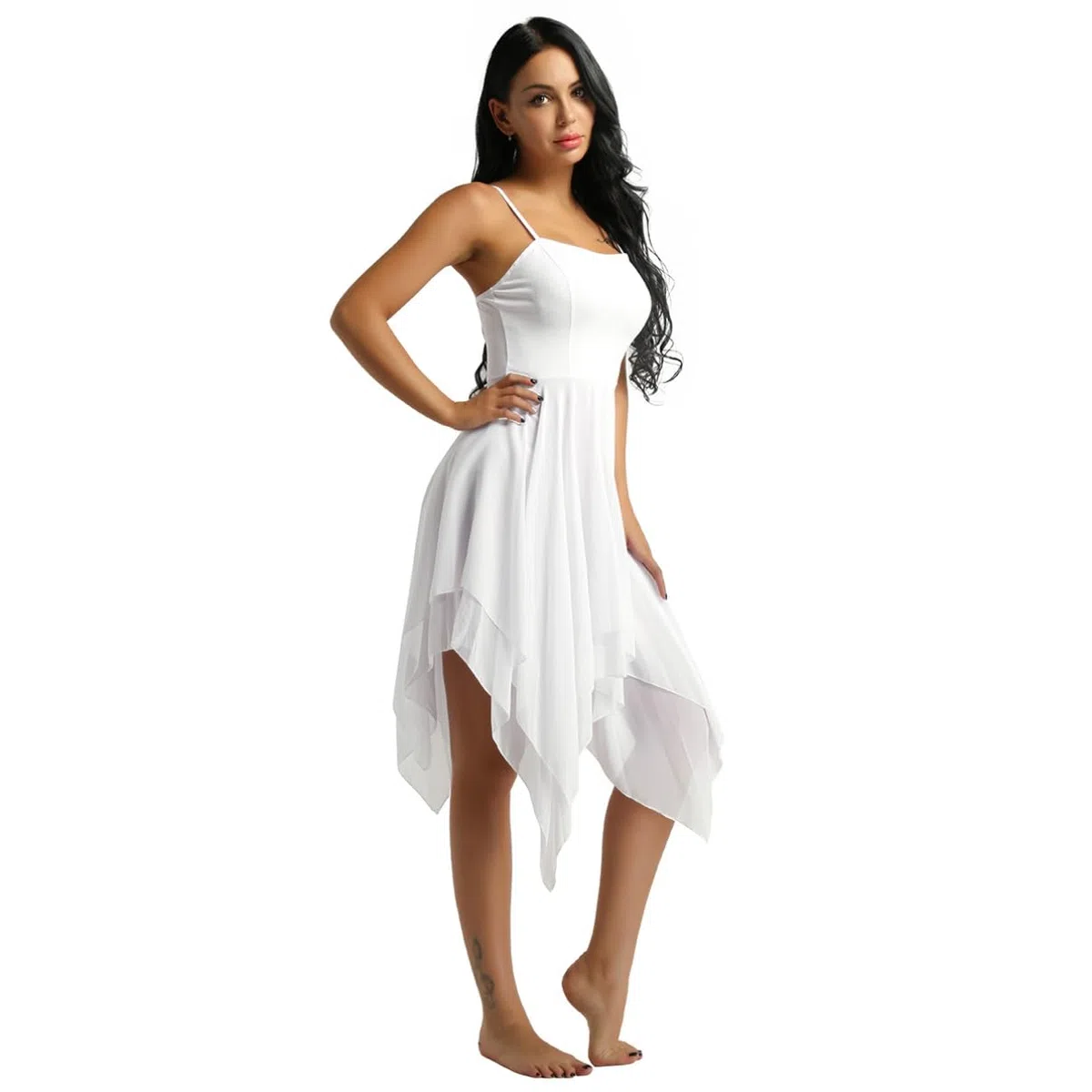 dPois Damen Tanzkleid Ballett Kleid Ärmellos aus Chiffon Swing mit Spaghettiträger Asymmetrische Tanzkostüme Latein Rumba Tango Kleid Ballsaal Dancewear