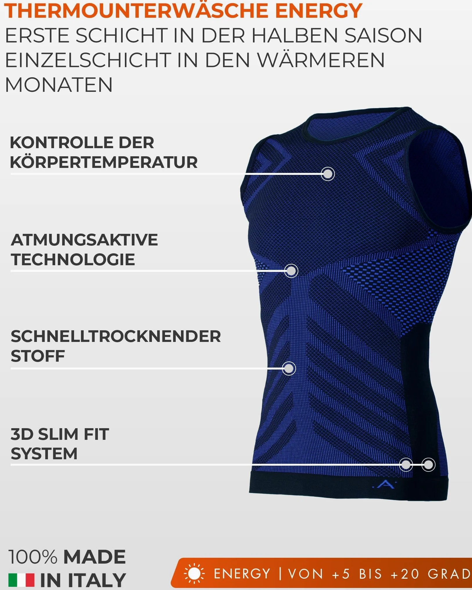 Risalti Thermoshirt Herren Ärmellos Funktionsunterwäsche Herren Energy - Thermo Muskelshirts Herren Elastische, Compression Shirt und atmungsaktive, Nahtloses Herren Unterwäsche - Made in Italy