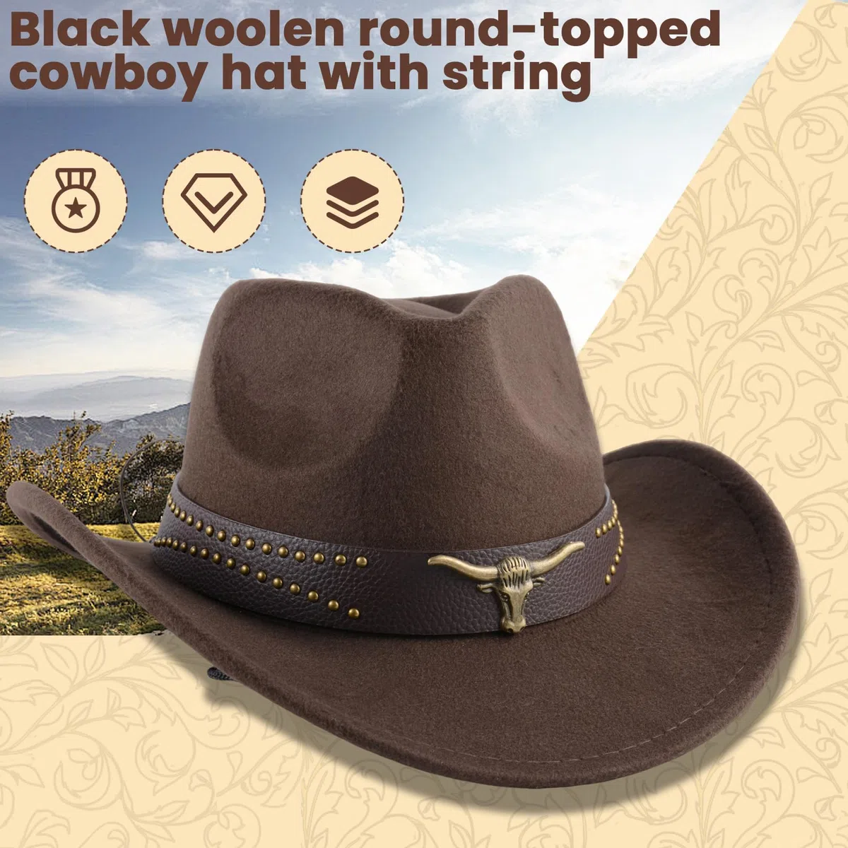 Klassischer Westernhut für Damen und Herren – Einfarbiger Cowboyhut mit Stierkopf-Dekor, Vintage Jazzhut für Erwachsene im Cowgirl- und Western-Stil (Braun A)