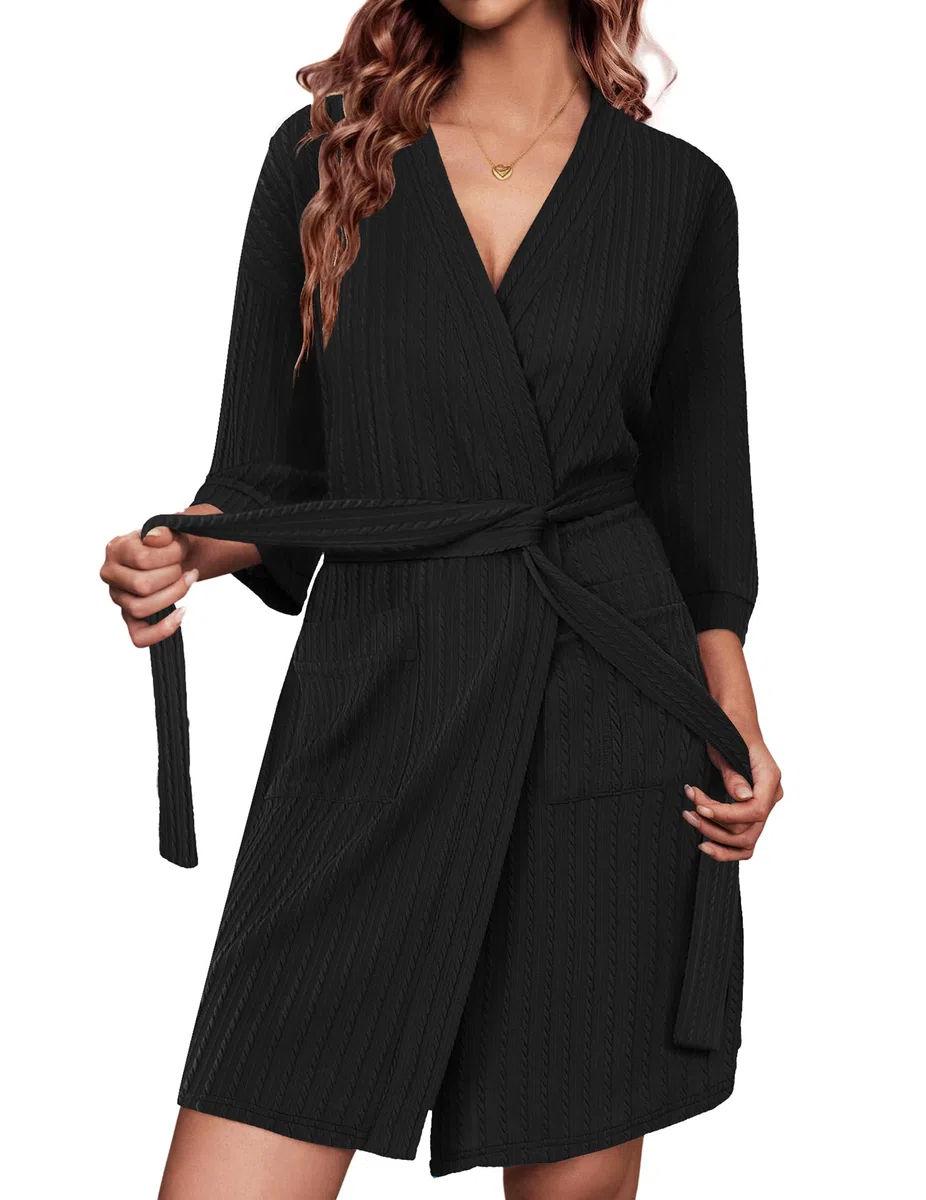 Ekouaer Damen Bademantel Verdreht Gerippt 3/4-Ärmel Morgenmantel Kurz mit Taschen und Bindengürtel Robe Kimono S-XXL