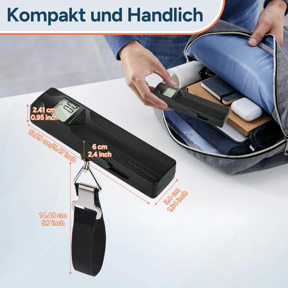 travel inspira Kofferwaage ohne Batterie – Digitale Kofferwaage mit Haken bis 50 kg, Handkurbel-Reisewaage, LCD-Display, Tara & Hold-Funktion (Schwarz)