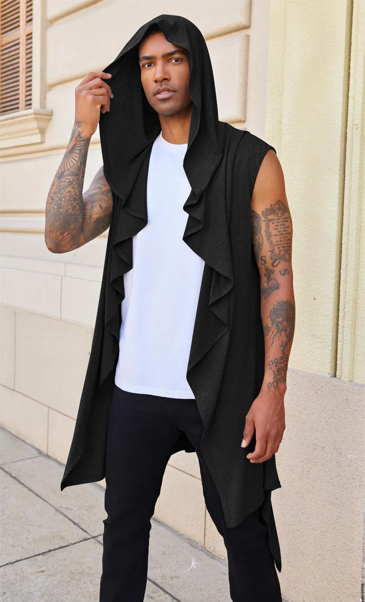 Runcati Herren Rüschen Jacke Lange Kapuze Ärmellos Schal Kragen Cardigan Drapiert Einfarbige Leichte Cape Mantel