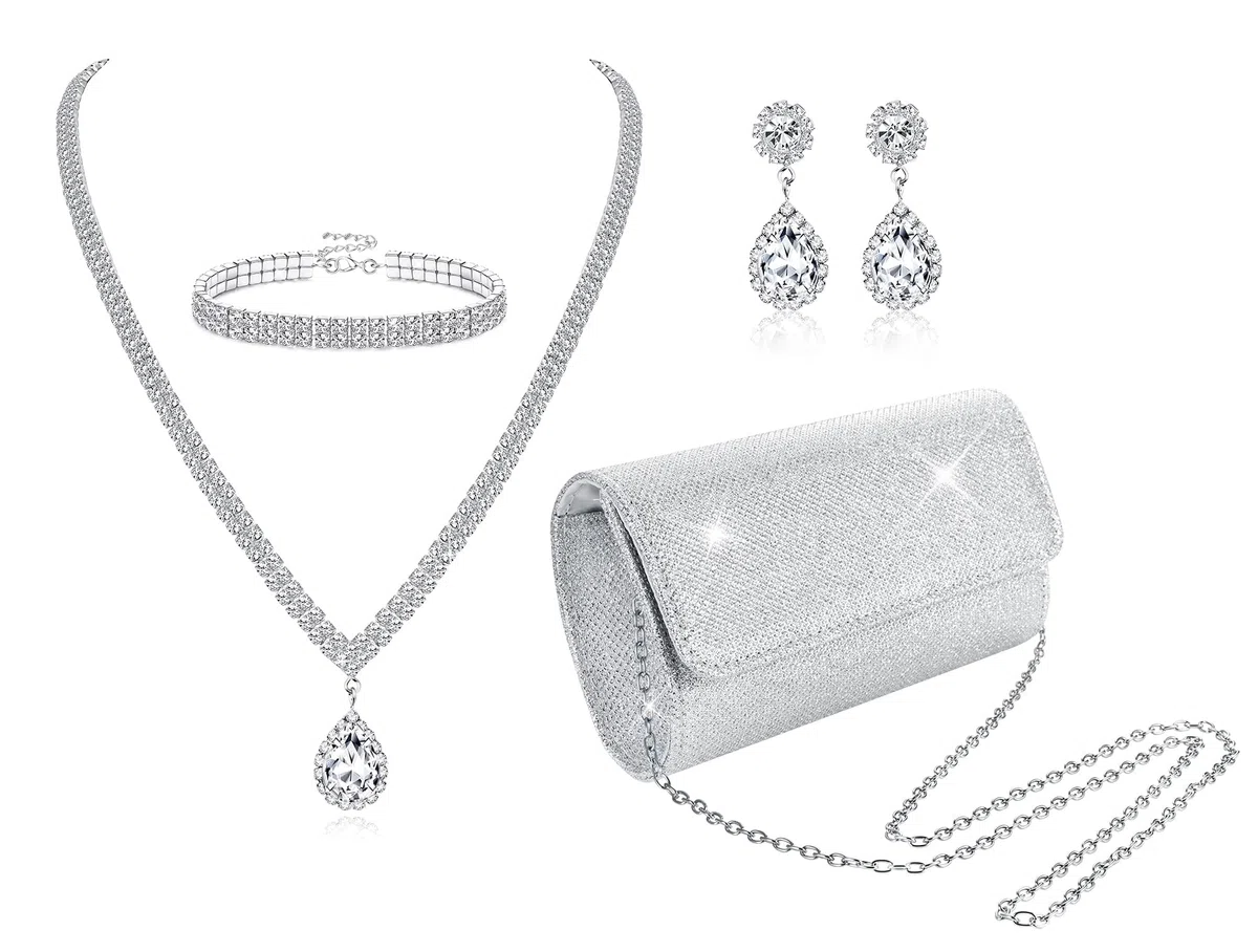 JeryWe 4Pcs Silberne Clutch Schmuck-Set für Frauen Abend Rhinestone Geldbörse Zubehör für Frauen Braut Hochzeitsschmuck