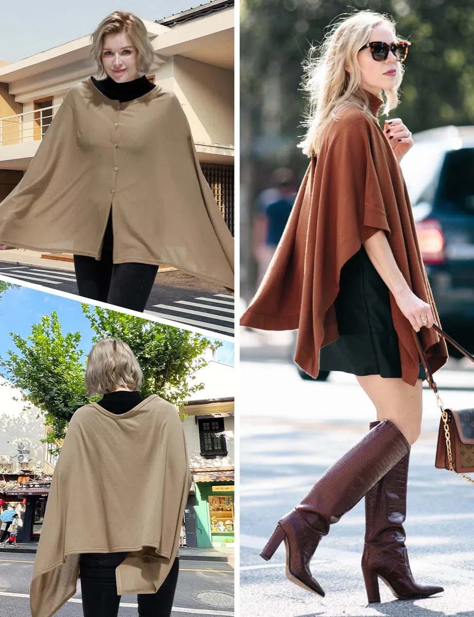 DiaryLook Kaschmir-Feeling gestrickter Poncho Damen Elegant, Langer Cape Damen Poncho für Frauen, weiche Knöpfe, Leichter Wickel Schal Cardigan für Frühling, Sommer, Winter Geschenk für Frauen