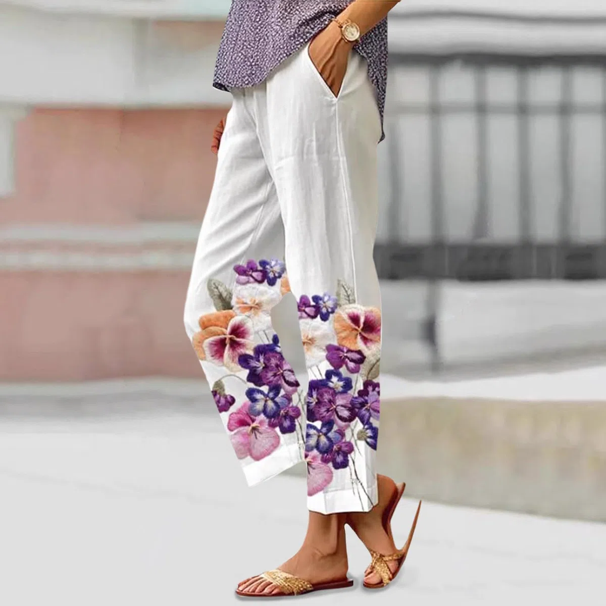 Hose Damen Sommer Weit Boho Blumenhose Hohe Taille Kordelzug Lässige lockere Blumenhose mit Taschen Blaue Hose Pflege Damen