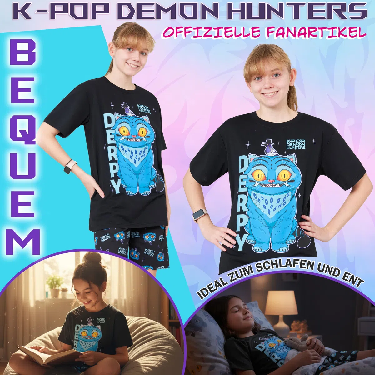 KPop Demon Hunters Schlafanzug Mädchen 116-164cm, 2-Teilig Sommer Pyjama Set mit Kurzarm T-Shirt und Schlafanzug Kurz, Geschenke für Mädchen