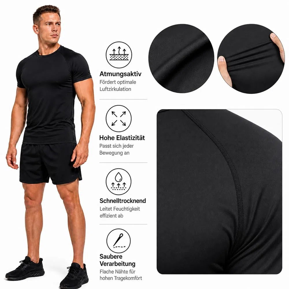 Kompressionsshirt Herren Kurzarm, Atmungsaktives Funktionsshirt Männer, Schnell Trocknendes Laufshirt Sportshirt mit Stretch, Rundhals Muskelshirt für Gym Fitness Running Training