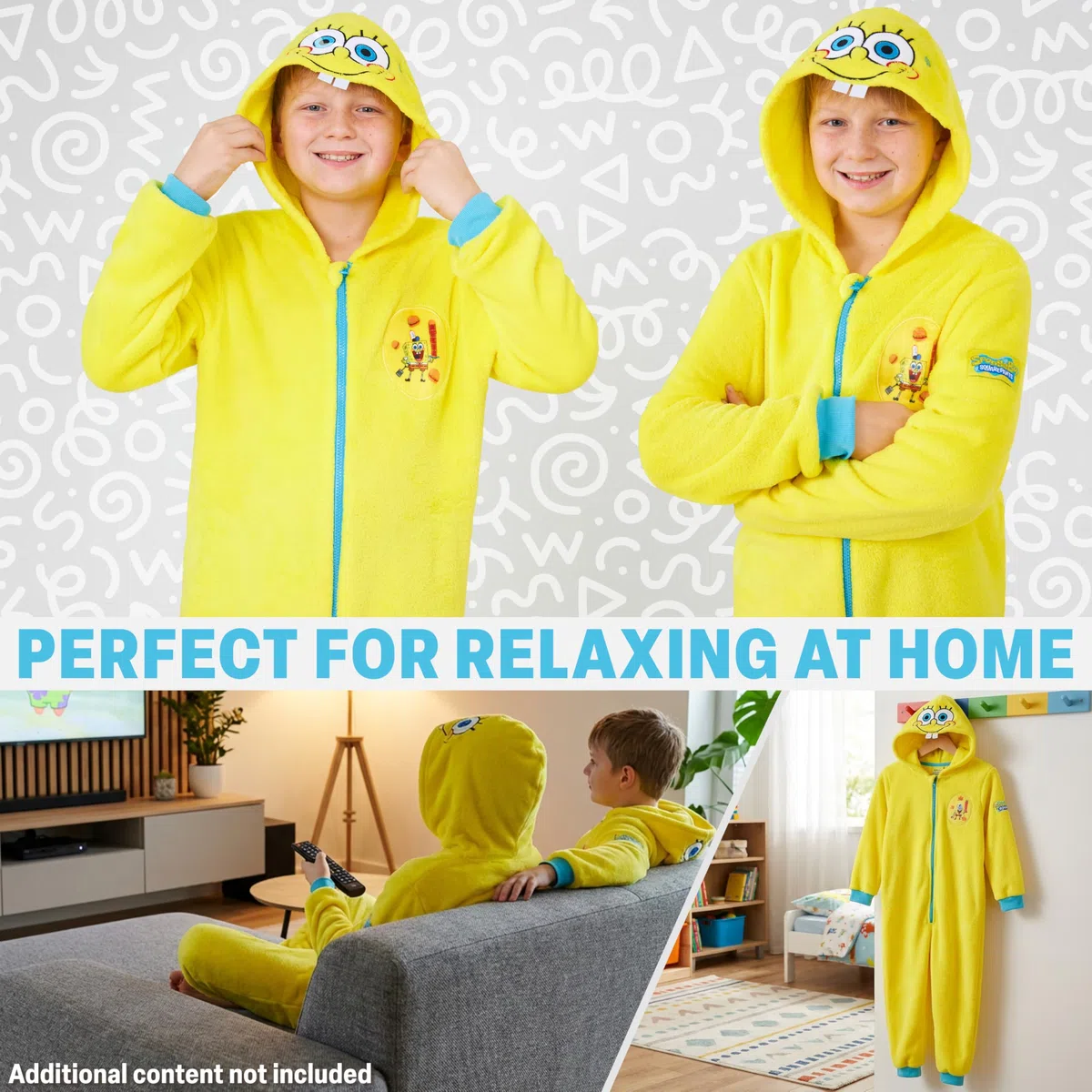 Spongebob Schwammkopf Onesie Für Kinder und Mädchen 5–14, Fleece Jumpsuit Schlafanzug Mit Kapuze, Geschenk Für Mädchen