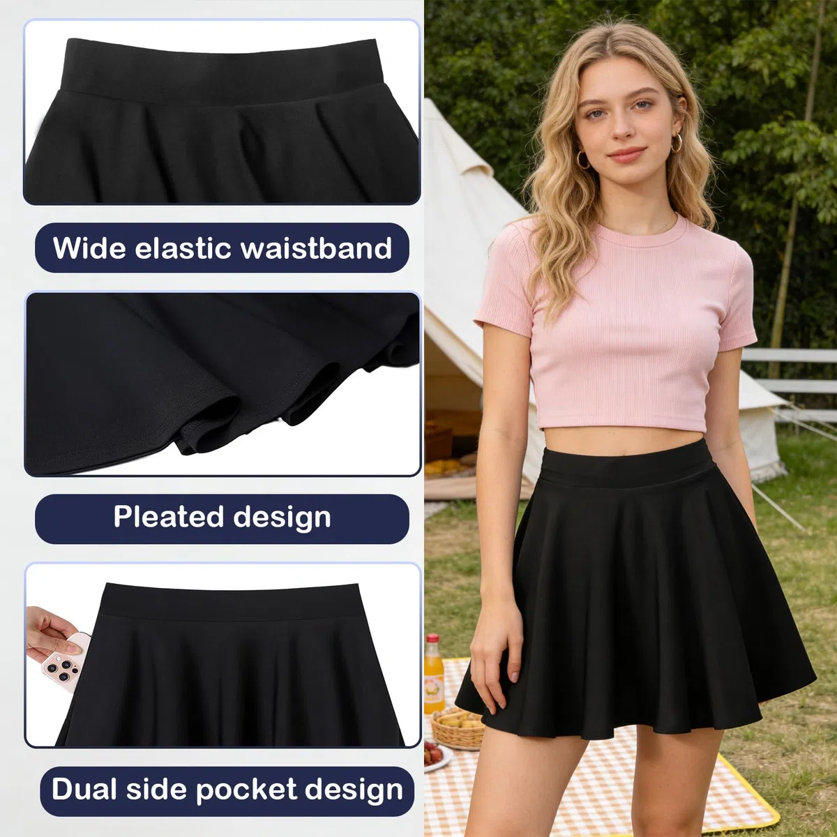 Hoerev Damen-Sportrock, dehnbarer ausgestellter Minirock mit Shorts, elastischer Bund mit Taschen