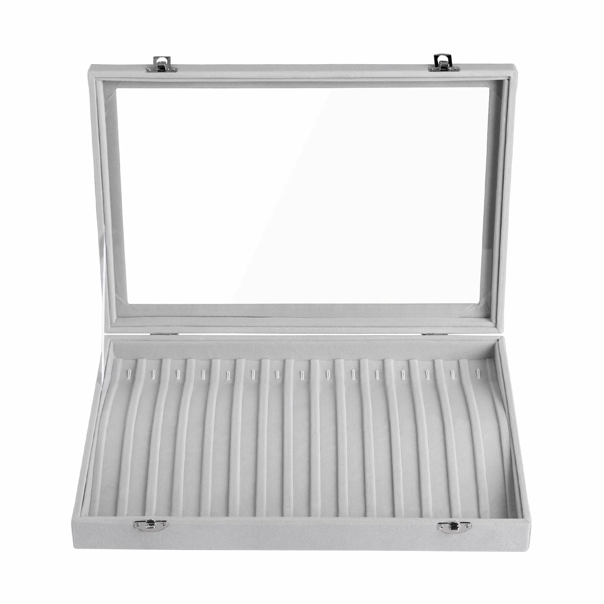 Frebeauty 15 Haken Halskette Tablett Samt Hals Organizer mit klarem Deckel abschließbare Halter Box Schmuck Organizer für Anhänger Ketten Jeweley Tablett für Frauen Mädch（Grau