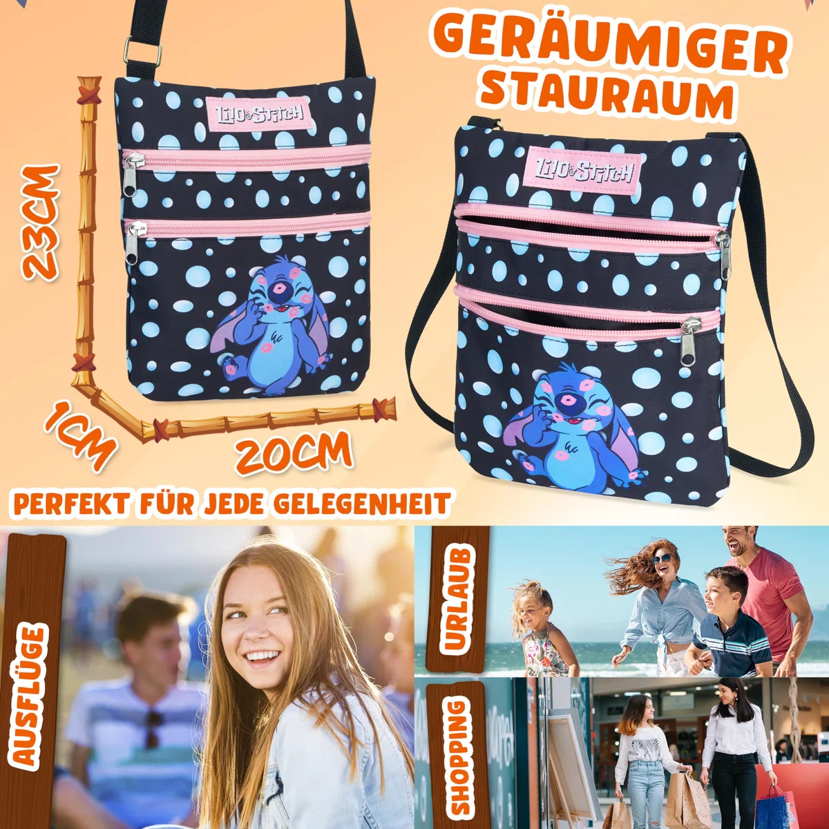 Disney Stitch Umhängetasche Mädchen & Teenager, Handtasche Mädchen mit verstellbarem Riemen, Crossbody Bag für Handy & Geldbörse, offiziell lizenziert