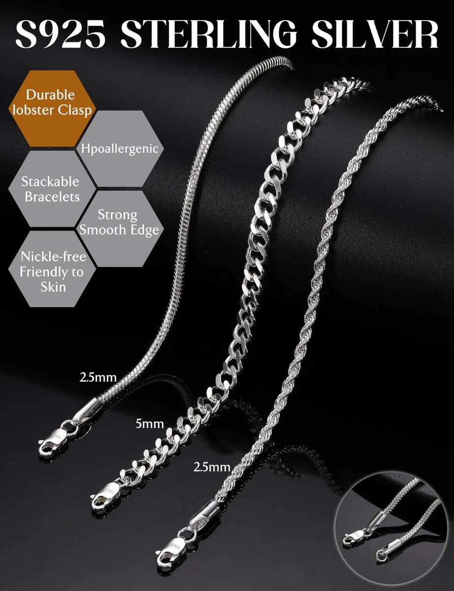 Chriscoco 3Pcs Armband Herren Silber 925 Cuban Link Twist Schlangenkette Männer Armband Armbänder Herren Schmuck Geschenke für Papa Freund Ehemann Sohn 19cm/21CM