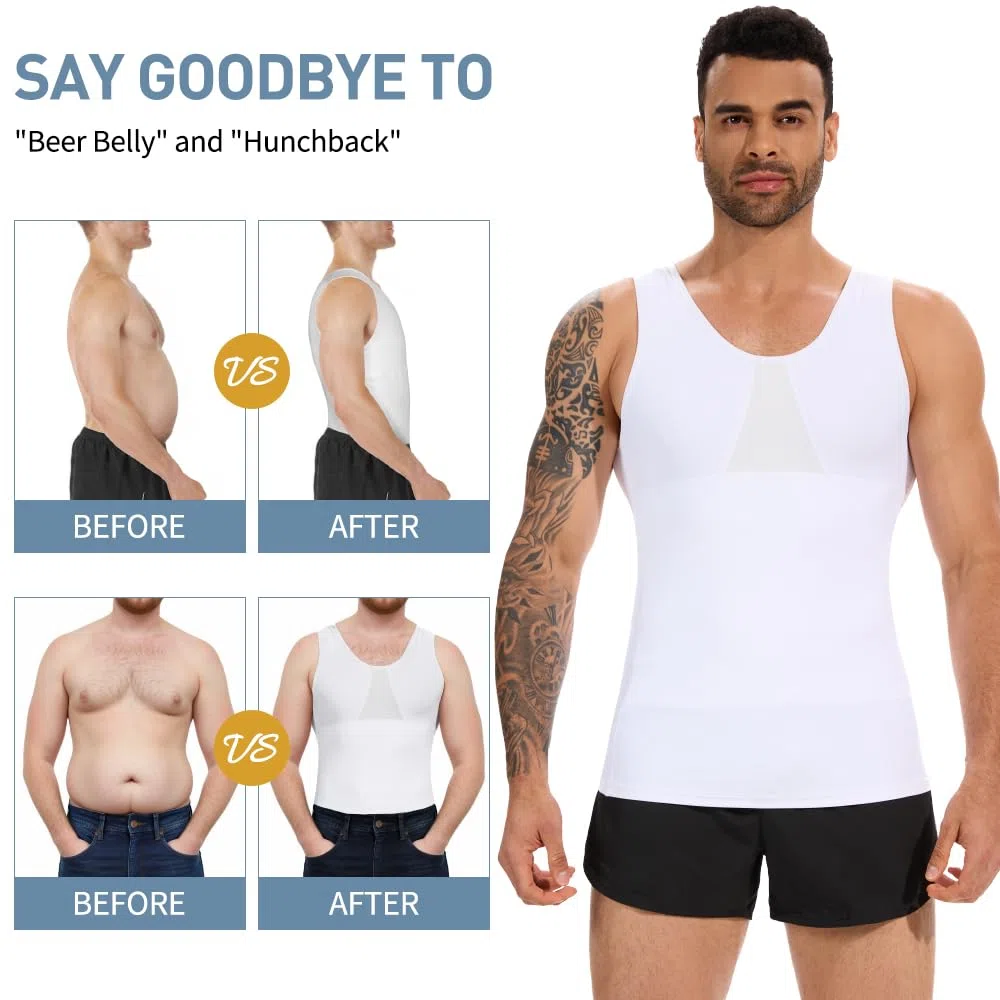 SLIMBELLE Body Shaper Herren Ärmellos Kompressionsshirt Shirt Figurformende Bauchweg Unterhemd Shape Untershirt Elastische Weste Schlank Miederbody Taillenformer Bauch Top Männer