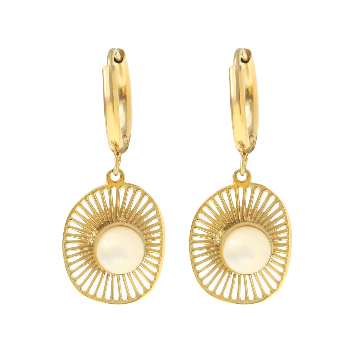 Made by Nami Set Gold Ohrringe Hängend mit Sonnen Anhänger und Süßwasserperle aus Chirugischem Edelstahl Boho Ohrringe Damen Hypoallergen Wasserfester Schmuck