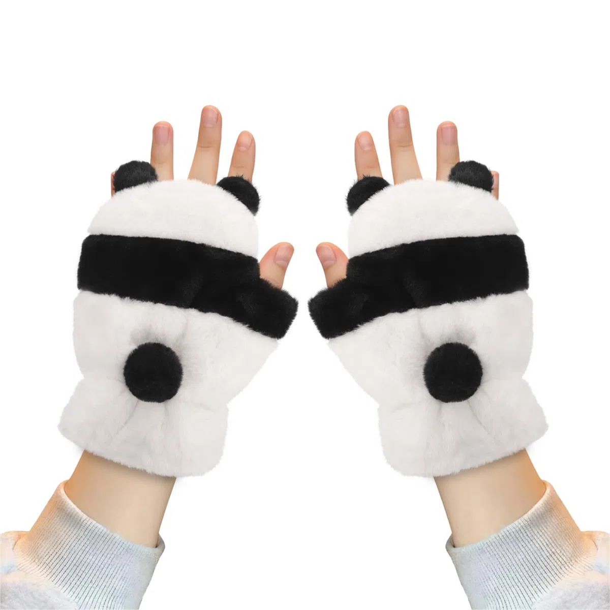 TINAYAUE Damen Winter Plüschhandschuhe Halbfingerhandschuhe Mädchen Süße Panda Handschuhe Kälteschutz Fingerlose Handschuhe für Fitness, Sport, Schreiben