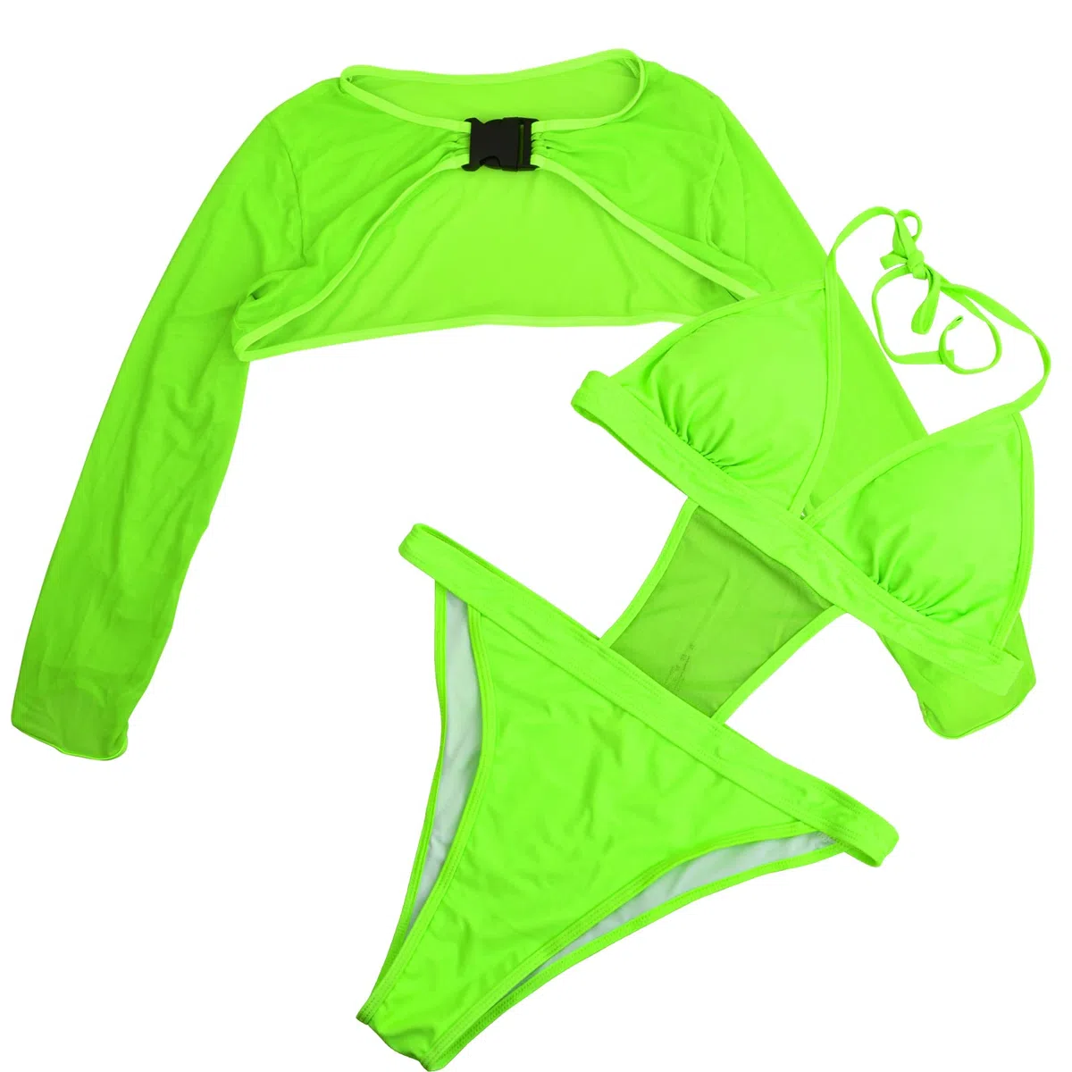 Bikini Damen Rave Outfits Neon Body Crop Top mit Schnalle Langarm Badeanzüge Mesh Shrug Rave Outfit für Festival Clubwear Party