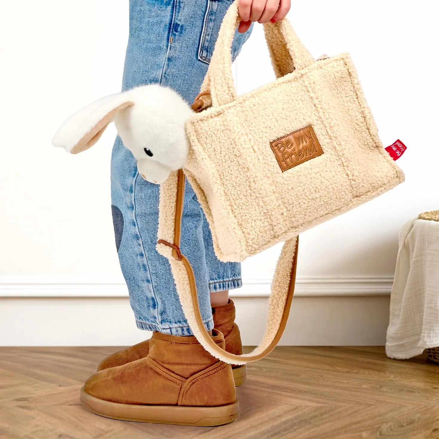 PERLETTI Kuscheltier Handtasche für Kleine Mädchen 3 4 5 6 Jahre - Weiche Kindertasche mit Abnehmbarem Pluschspielzeug für Kindergarten - Flauschig Plüschtier Plüsch 27x22x9 cm