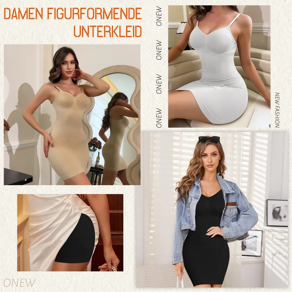 ONEW Bauchweg Shapewear Miederkleid Damen Nahtlose Unterkleid Taillenforme Formkleid Tummy Control Shaping Full Slip Beige XL