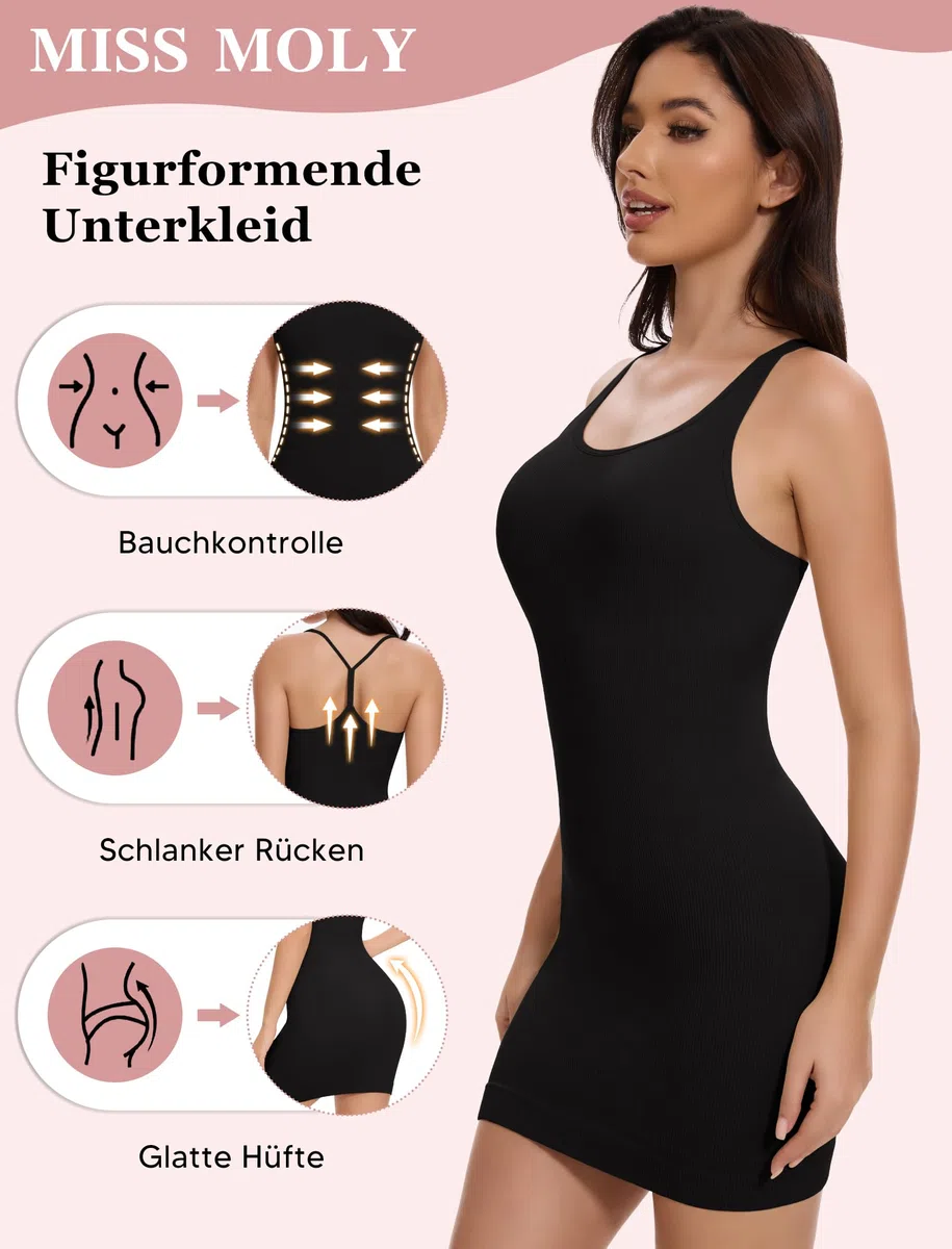 MISS MOLY Miederkleid für Damen Nahtlose Shapewear Kleid Sexy Unterkleid Damen Shaping Full Slips Figurformende Unterröcke mit Y-Förmiger Rücken Body Shaper Kleid