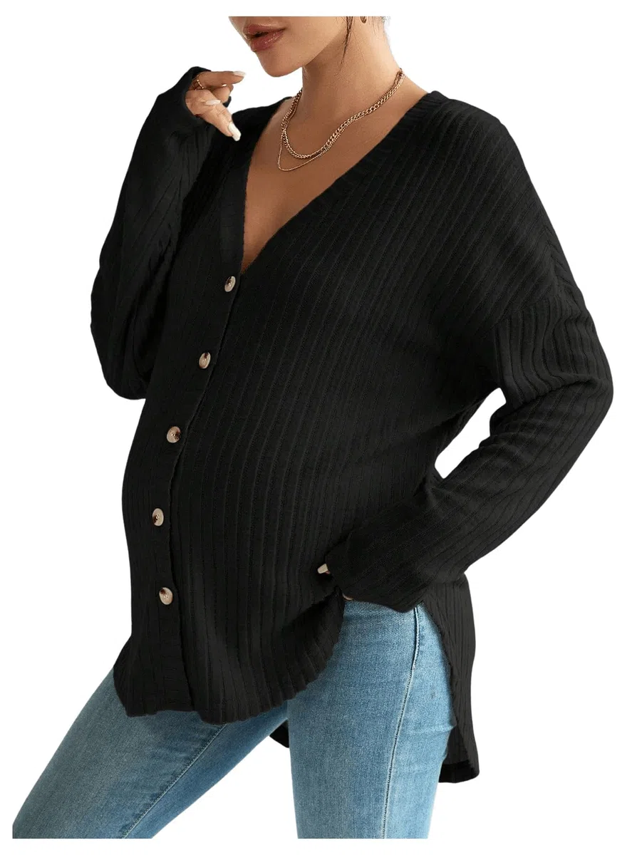 Umstandsjacke für Damen, V-Ausschnitt, lange Ärmel, Oversize, gerippt, Schwangerschafts-Pullover, weich, bequem, lässig, Knopfleiste vorne, Still-Top