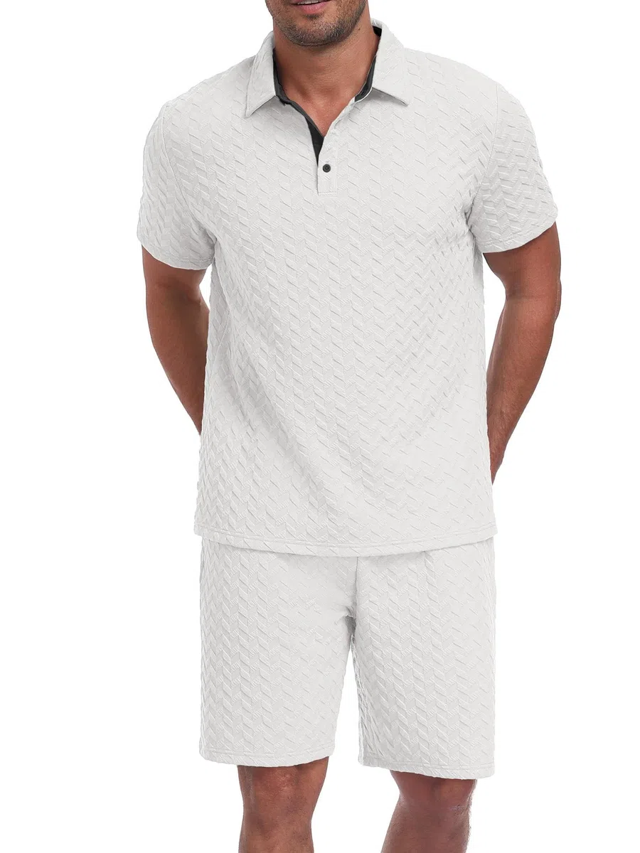 QIXING Herren Sommer Set 2 Teiler Polohemd und Shorts Set Herren Kurzarm Polo Shirt mit Strukturmuster Leichtes Freizeit Outfit für Urlaub Strand Reisen und Alltag