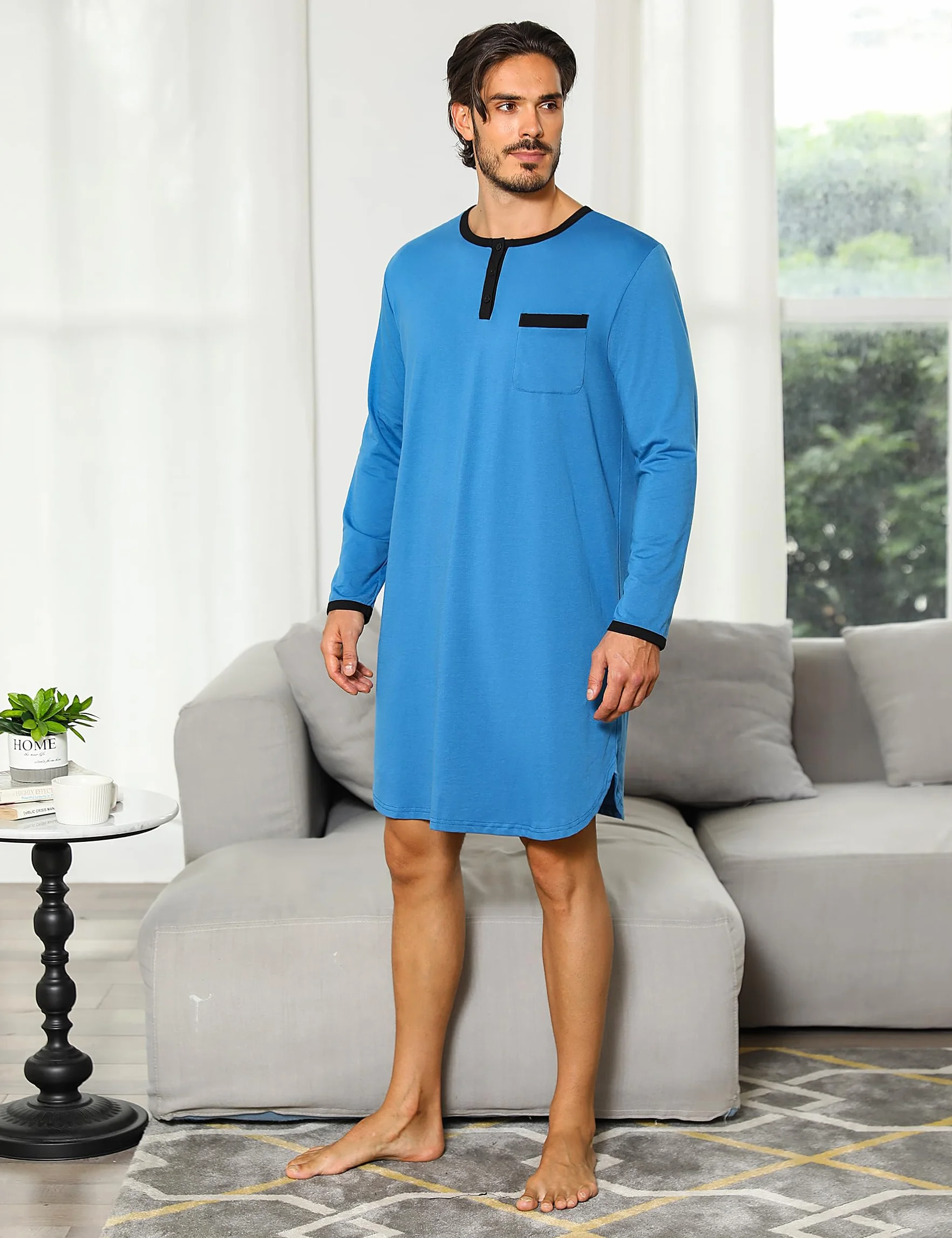 Uniexcosm Nachthemd Herren Langarm Einteiler Schlafshirt Rundhals Einteiliger Schlafanzugoberteile Pyjama Tops Bequem Nachtwäsche Sleepshirt mit Knopfleiste und Brusttasche