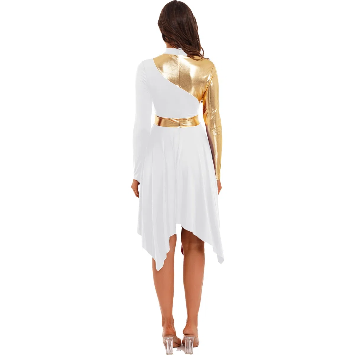 inlzdz Tanzkleid Damen Eiskunstlauf-Kleid Langarm Asymmetrischer Saum Kleider Ballettkleid Ballettkleidung Turnanzug Tanzkostüm für Abschlussball