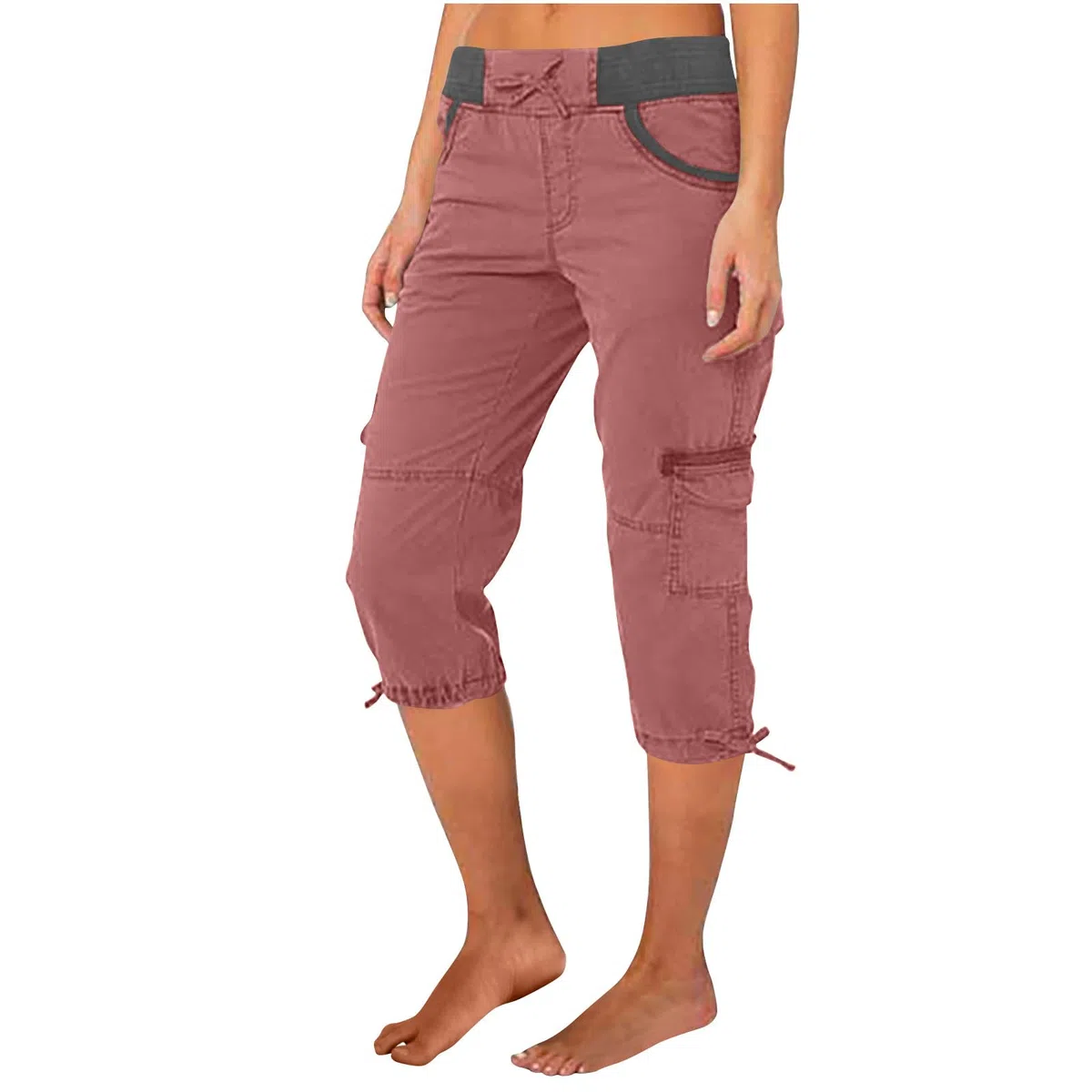 Capri Cargohose für Damen Elastische Cargo Shorts mit Hoher Taille, Kordelzug und Taschen Weites Bein Cabrio 3/4 Länge Freizeithose