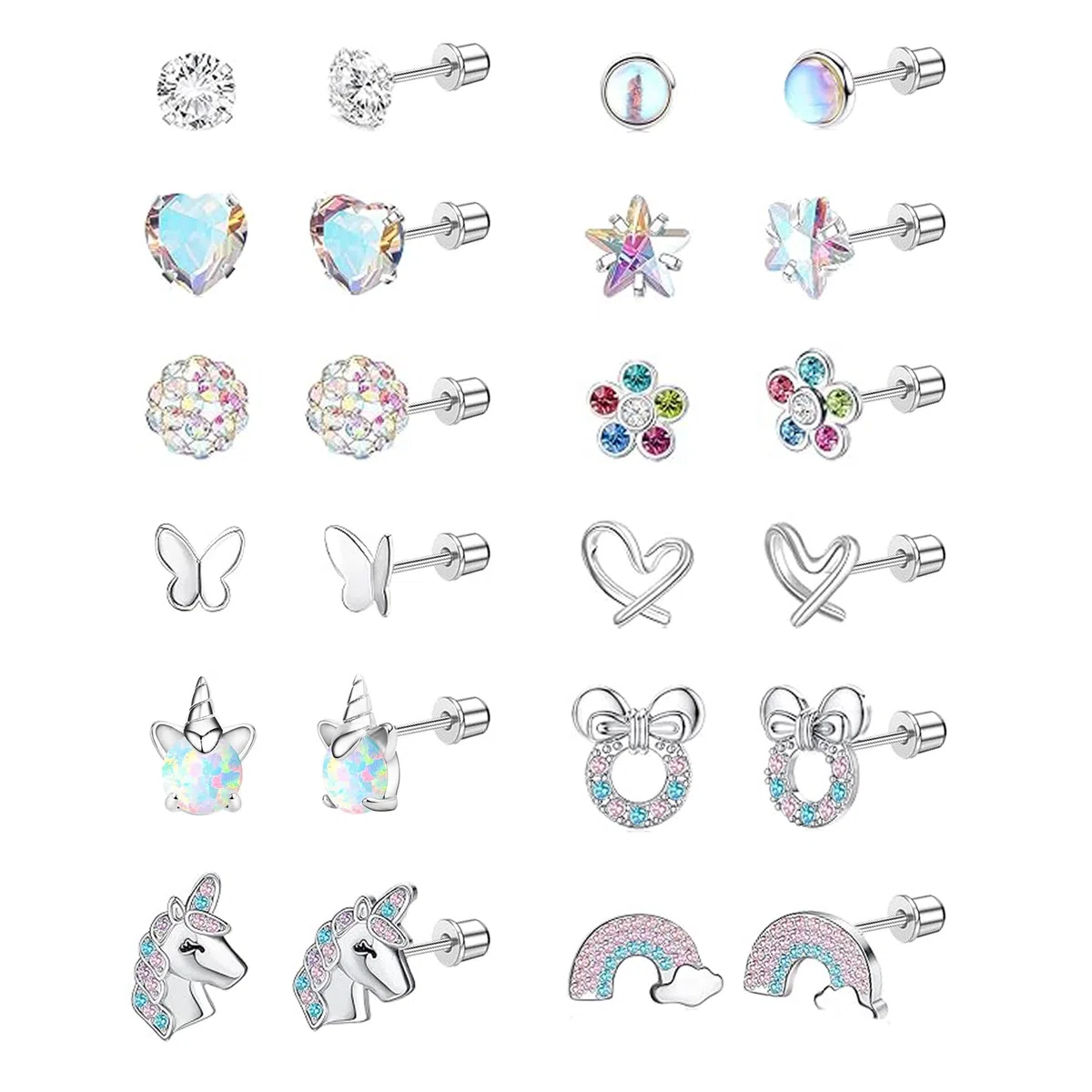 LOFITOR 12 Paar Hypoallergene Ohrringe für Damen Mädchen 316L Chirurgenstahl Medizinische Ohrstecker Set Regenbogen Bären Blume Herz Stern Kinder Edelstahl Ohrringe Mädchen Set