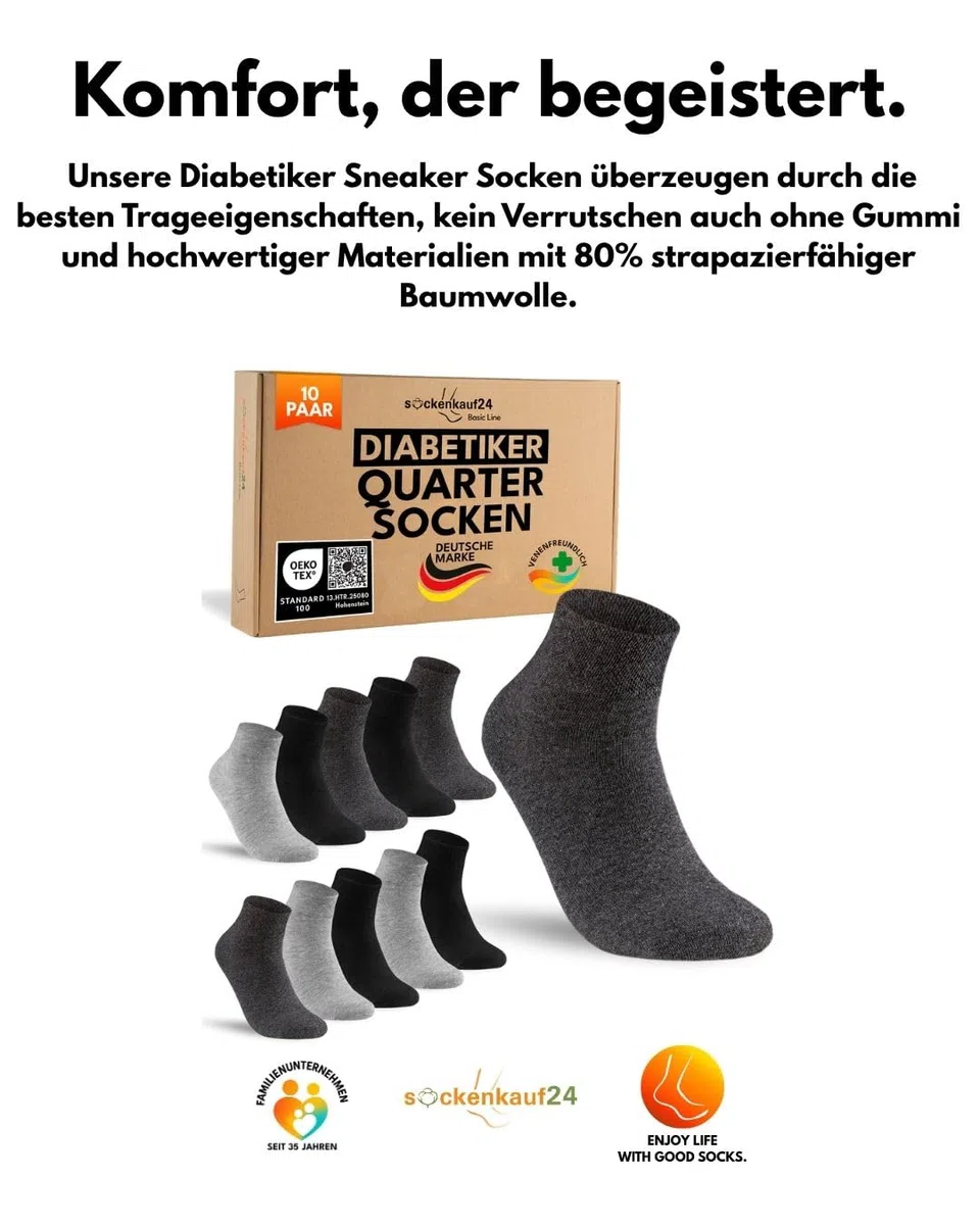 sockenkauf24 10 Paar kurze Diabetikersocken für Herren & Damen ohne Gummibund & ohne Naht Quarter Diabetiker Socken Kurzschaft mit Komfortbund ohne Gummi