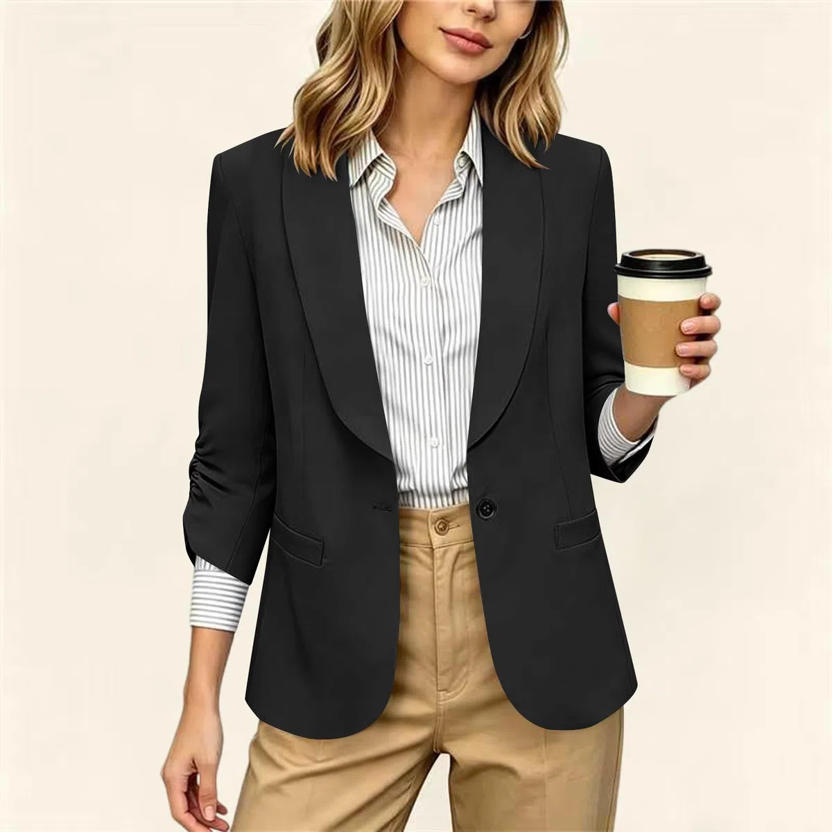 RLEHJN Damen Blazer,Lange Casual Open Front Gefütterte Blazer Arbeit Büro Jacken mit Taschen Sportlich Elegant Blazerjacke Casual Blazer Jacket Übergangsjacke Business Casual Outfits Für Die Arbeit