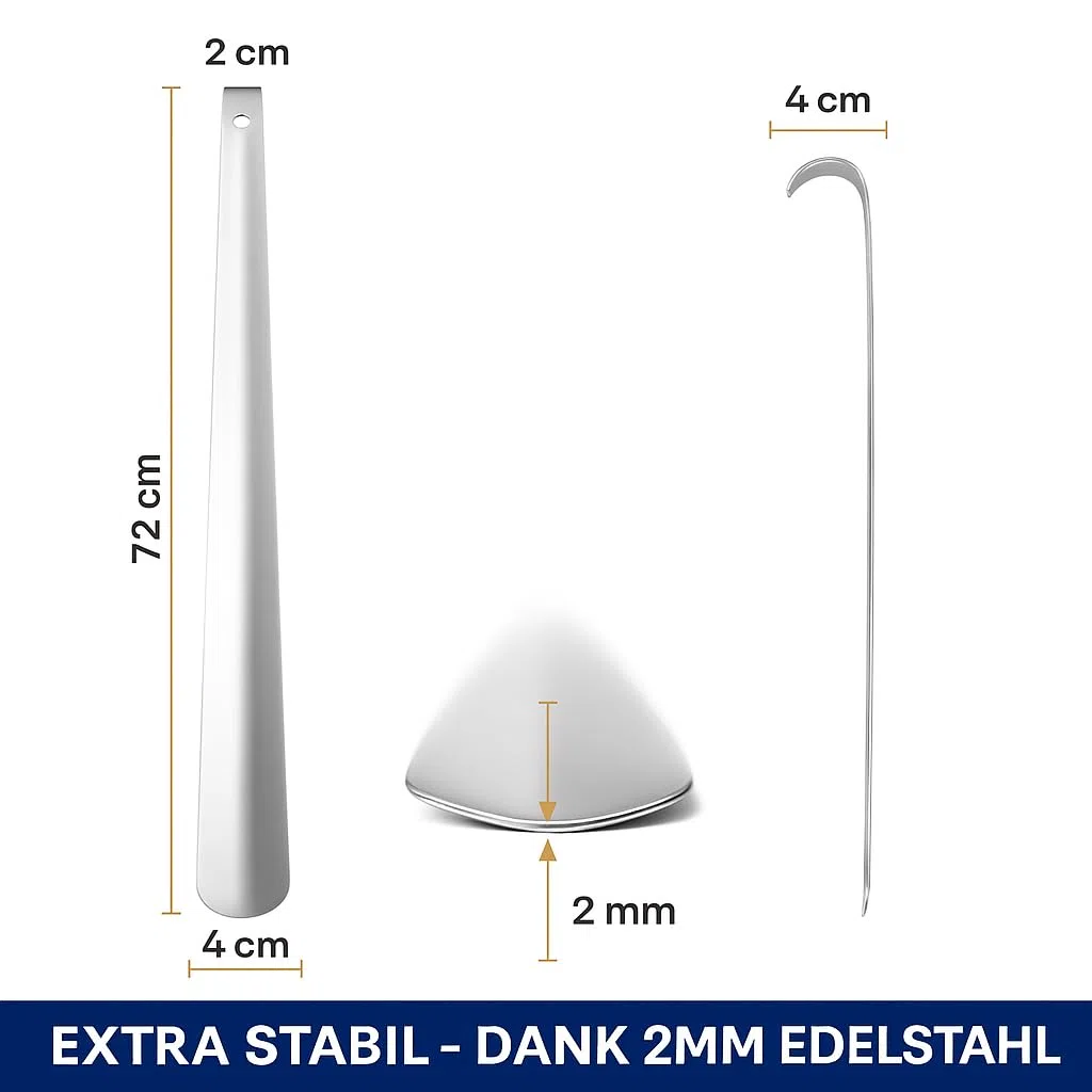 HONH Schuhlöffel lang 72 cm aus Edelstahl, 2 mm extra stabil, Schuhanzieher lang Metall, rückenschonende Anziehhilfe für Senioren, Herren, Damen, mit Aufhängeloch