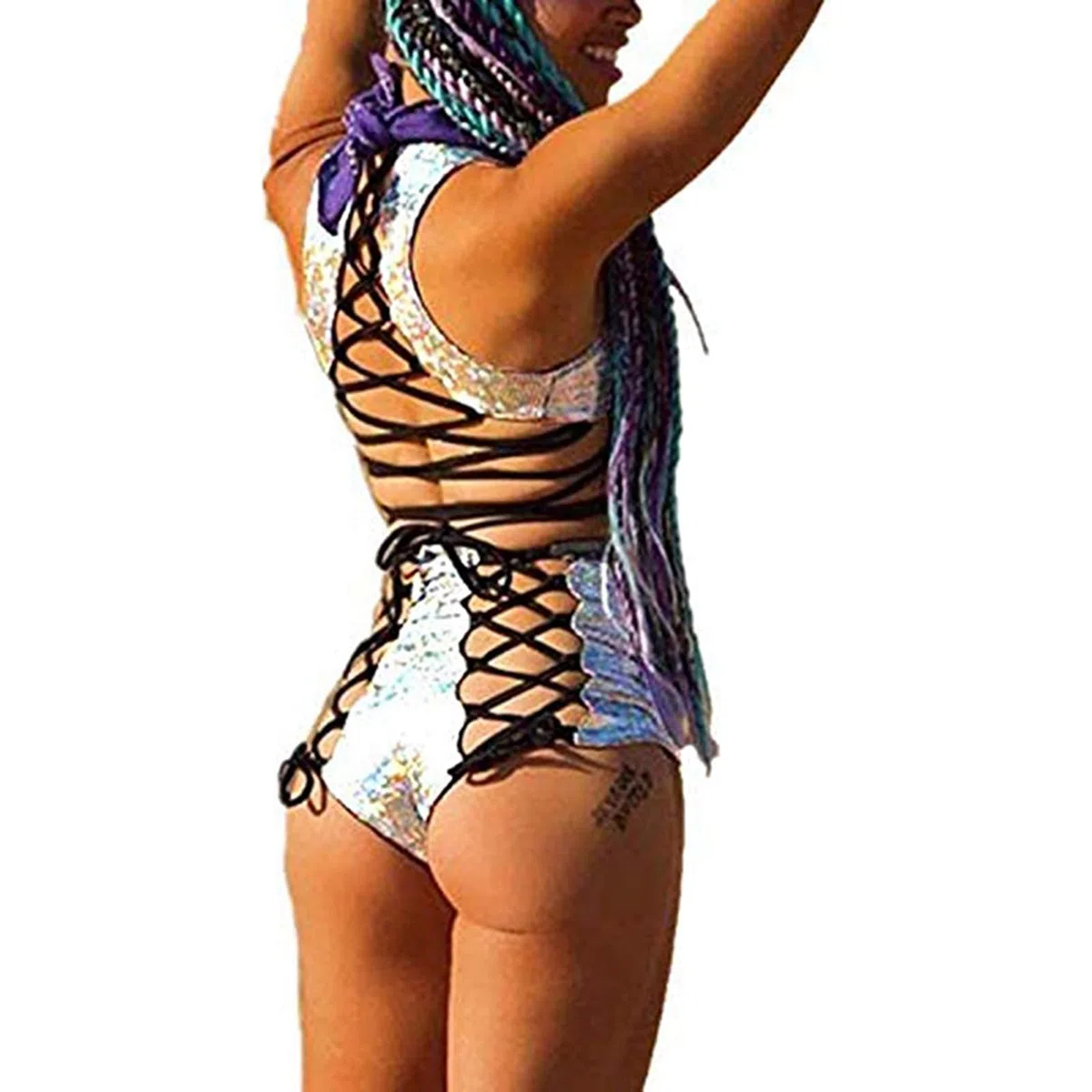 Zweiteiliges Rave-Outfit für Damen, sexy, holografisch, reflektierend, rückenfrei, Tank-Tops und Shorts, Set für Tanz, Festival, Party, Mode, Clubwear