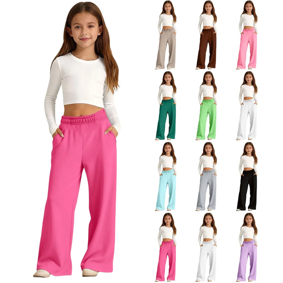 Jogginghose Mädchen mit weitem Bein, Baumwolle, weites Bein, elastische Taille, Kordelzug, Sweathose, Teenager, Kinder, Sommeruniform, Lange Hose mit Taschen, Trendige, süße Palazzo-Hose