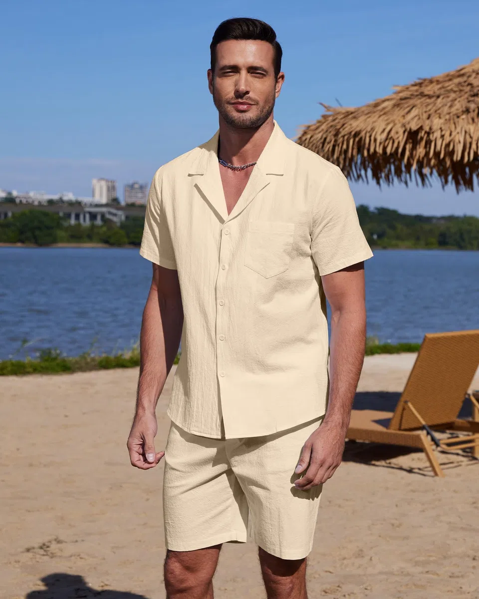 YAOHUOLE Leinen Hemd und Hose Set Herren Kurzarm Leinen Hose & Hemd Herren Kurzarm Sommer Universal Fit
