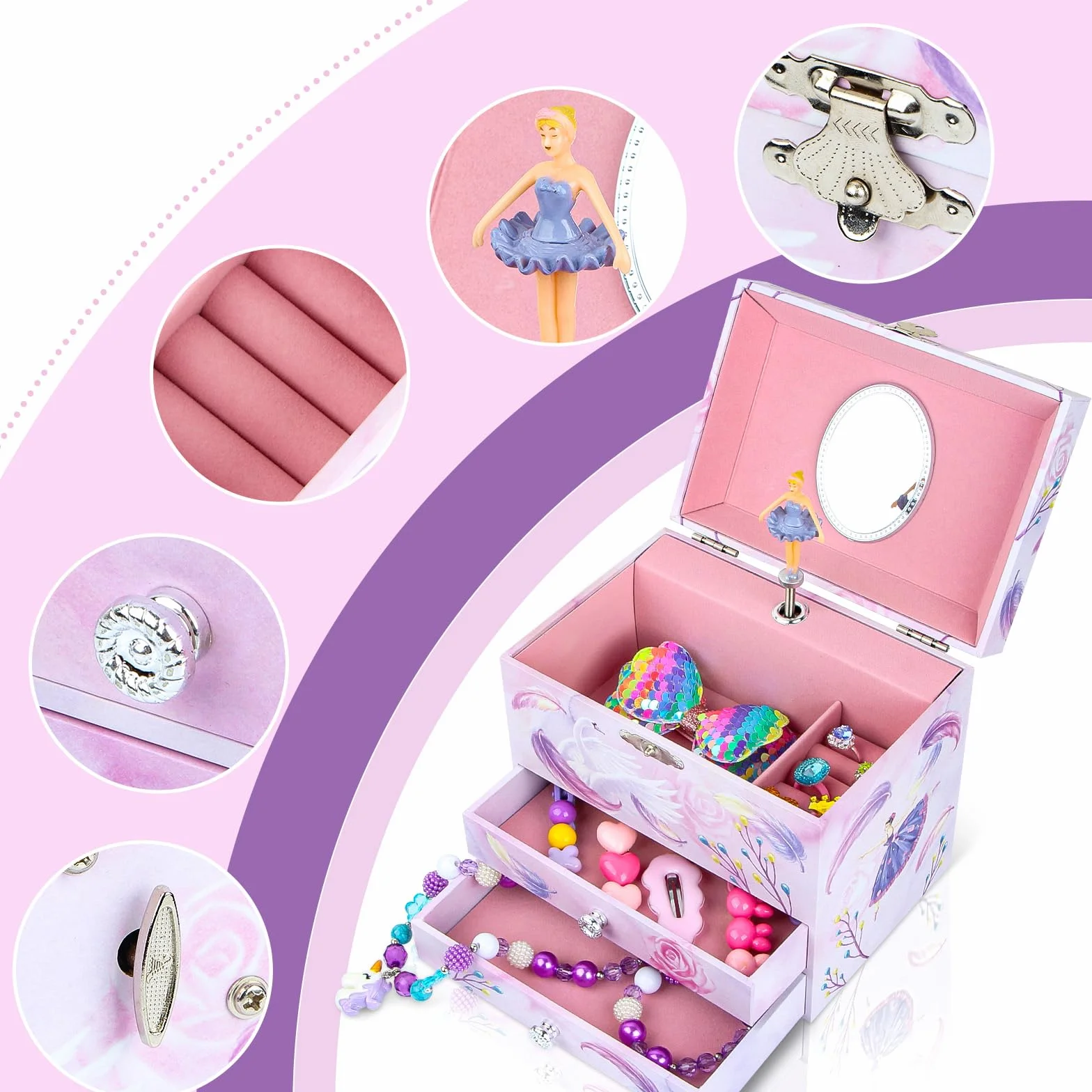 Ballerina Schmuckkästchen für Mädchen, Kinder Spieluhr mit drehender Ballerina, 2 Schubladen und Einhorn Schmuckset, Musikkästchen Geschenk für Kinder Mädchen