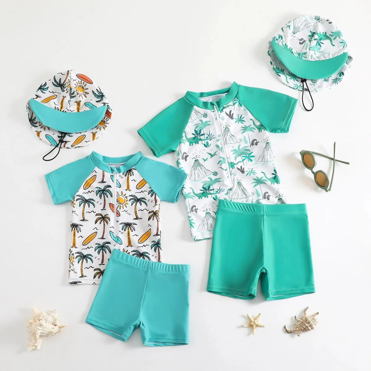 2-teilig Kleinkind Baby Jungen Badeanzug UPF 50+ UV-Schutz Kurzärmel T-Shirt + Badeshorts mit UV-Schutz Sonnenhut Rashguard Reißverschluss Badeset Schwimmanzug